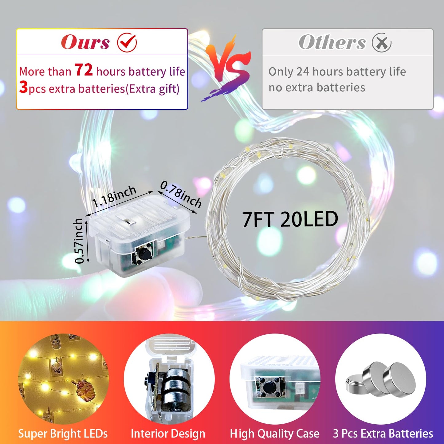 chzk 24 Pack Fairy Lights 7Ft 20 LED Battery Operated Twinkle String Waterproof Firefly Starry for Mason Jar Party Wedding Christmas Valentines Day (24, Multicolor)