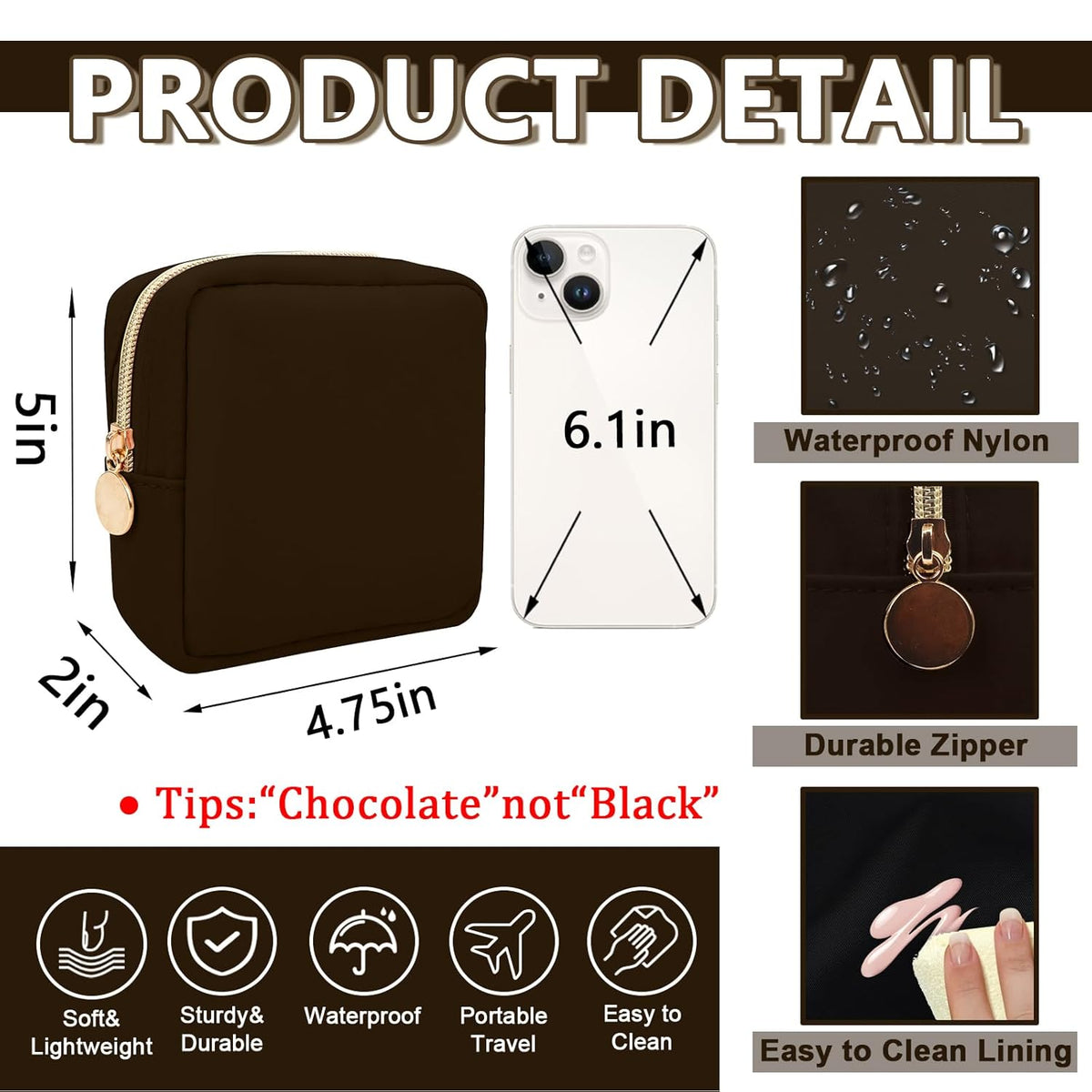 Mini Makeup Pouch for Purse, Small Cosmetic Bag Pouch Nylon Travel Toiletry Organizers Bag for Women Girls, Cute Zipper Coin Purse Preppy Storage Purse for School Work(Mini-Chocolate)