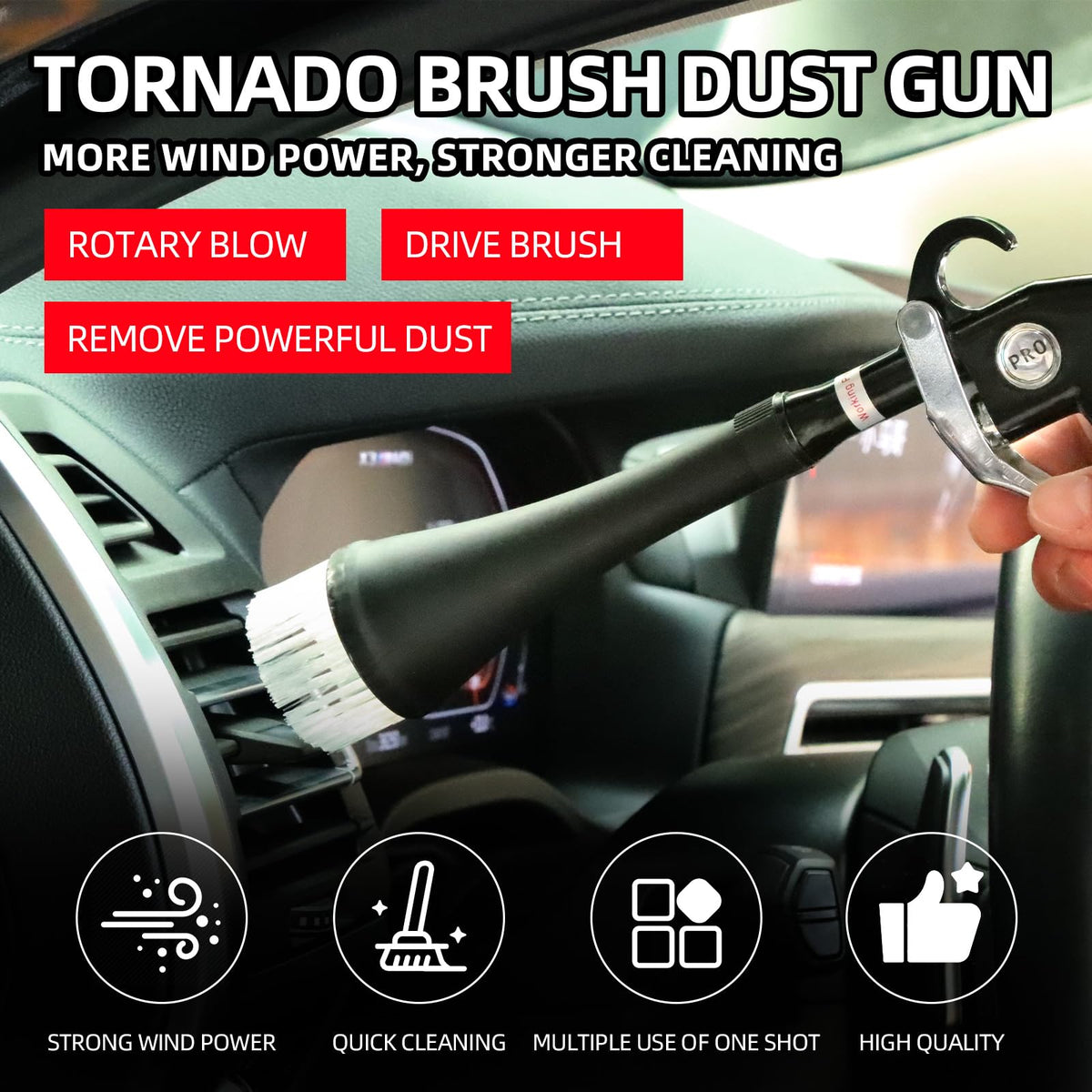 Tornado Dry Cleaning Gun Car Cleaning Air Blow Gun High Pressure Blower Gun with 2 Nozzles + 2 American Connectors + 2 Microfiber Towels, Durable Metal Body, Anti-Drop, for Car Interior Cleaning