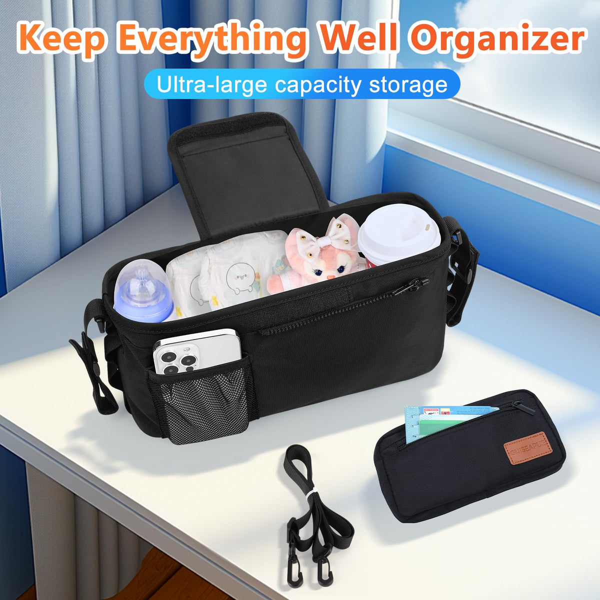 Guiseapue Universal Stroller Organizer with Cup Holder: Baby Travel Essential, Stroller Caddy with Shoulder Strap, Stroller Accessories Fit Uppababy, Baby Jogger Doona, Nuna, Britax, BOB Stroller