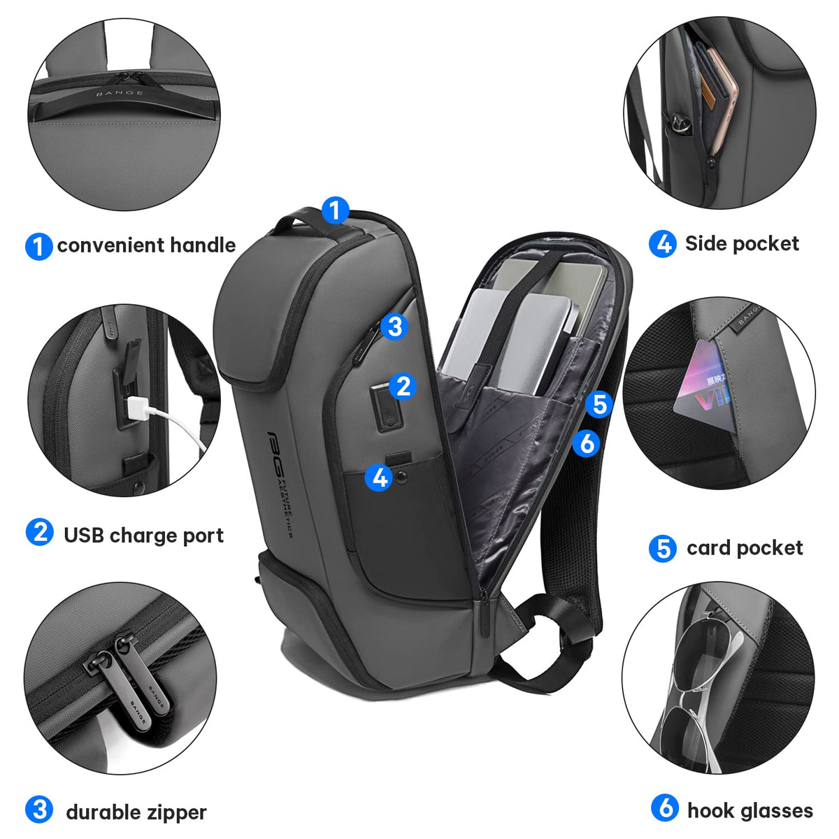 BANGE Business Laptop Smart backpack Can Hold 15.6 Inch Laptop Commute Backpack Carry on bag for men and women (Grey)
