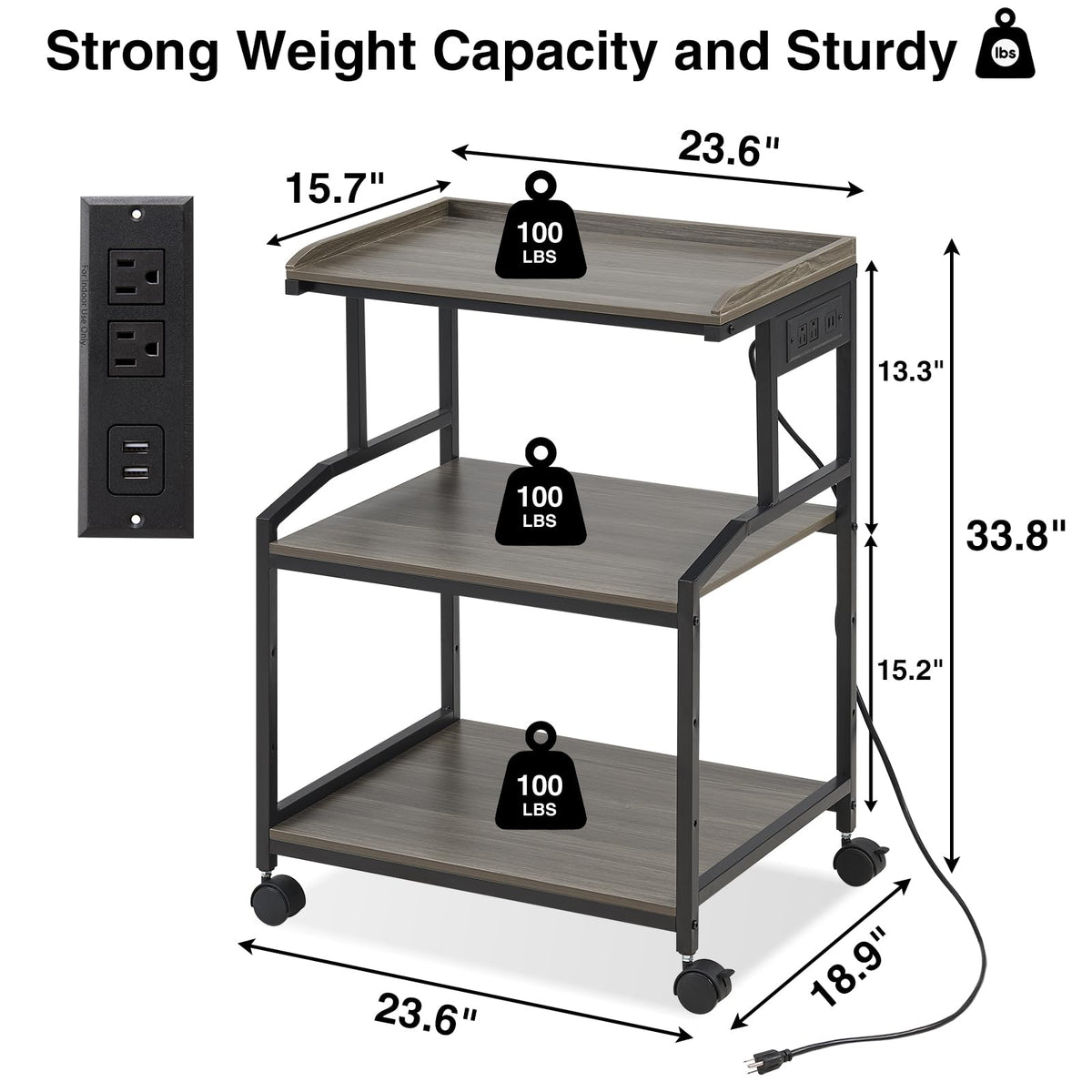 Lauren&Harold 34'' Printer Stand with Storage Printer Table with Power Outlets and USB Ports, Rolling Printer Cart with Adjustable Shelf, Large Printer Stand with Wheels for Home Office, Grey/Black
