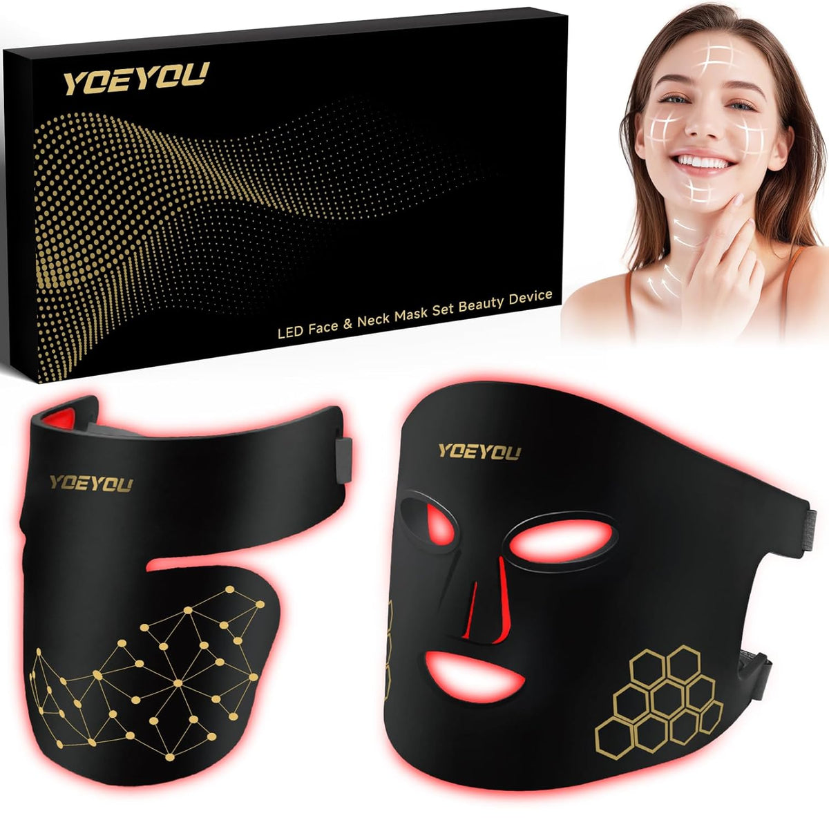 Red Light Therapy for Face and Neck, Infrared LED Mask Light Therapy 4 Light Waves with 850nm Near Infrared, Portable Rechargeable Red Light Therapy Mask Skincare Device for Facial Rejuvenation