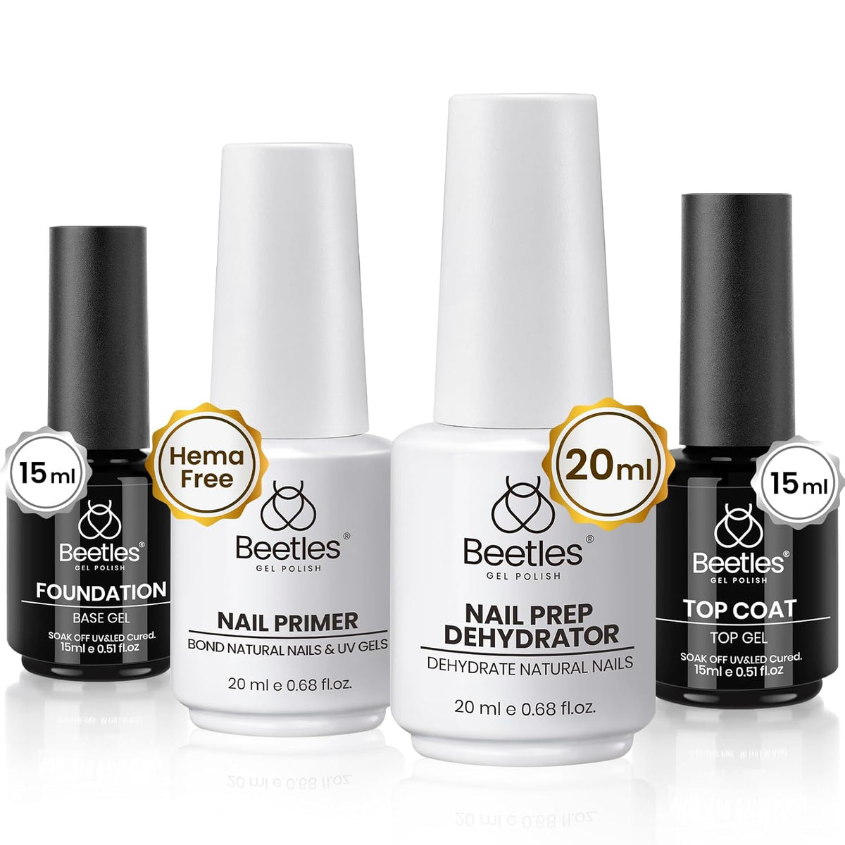Beetles 4 Pcs 15ml Base Gel and Top Coat Kit with 20ml Nail Dehydrator and Primer, Professional Nail Prep Acid-Free & Hema-Free Dehydrate Bond Primer Set for Acrylic Nail Manicure Gift for Women
