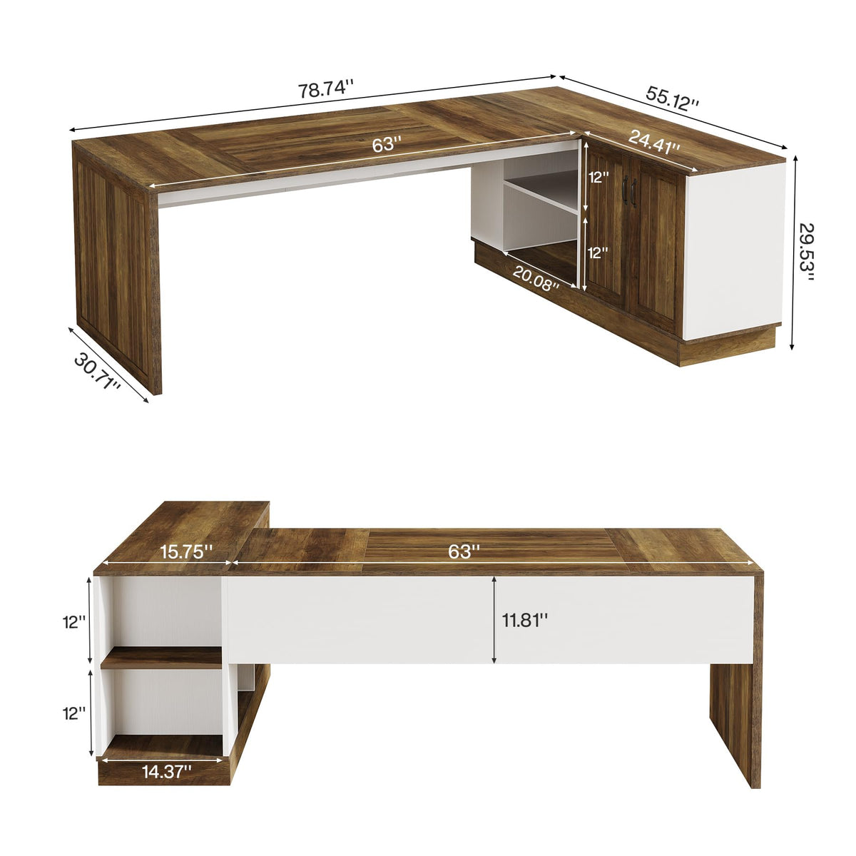 Tribesigns Executive Office Desk with File Cabinet, 79-Inch Modern L-Shaped Desk, Large Computer Table with Storage Cabinet and Open Shelves, Business Table for Home Office, Brown and White
