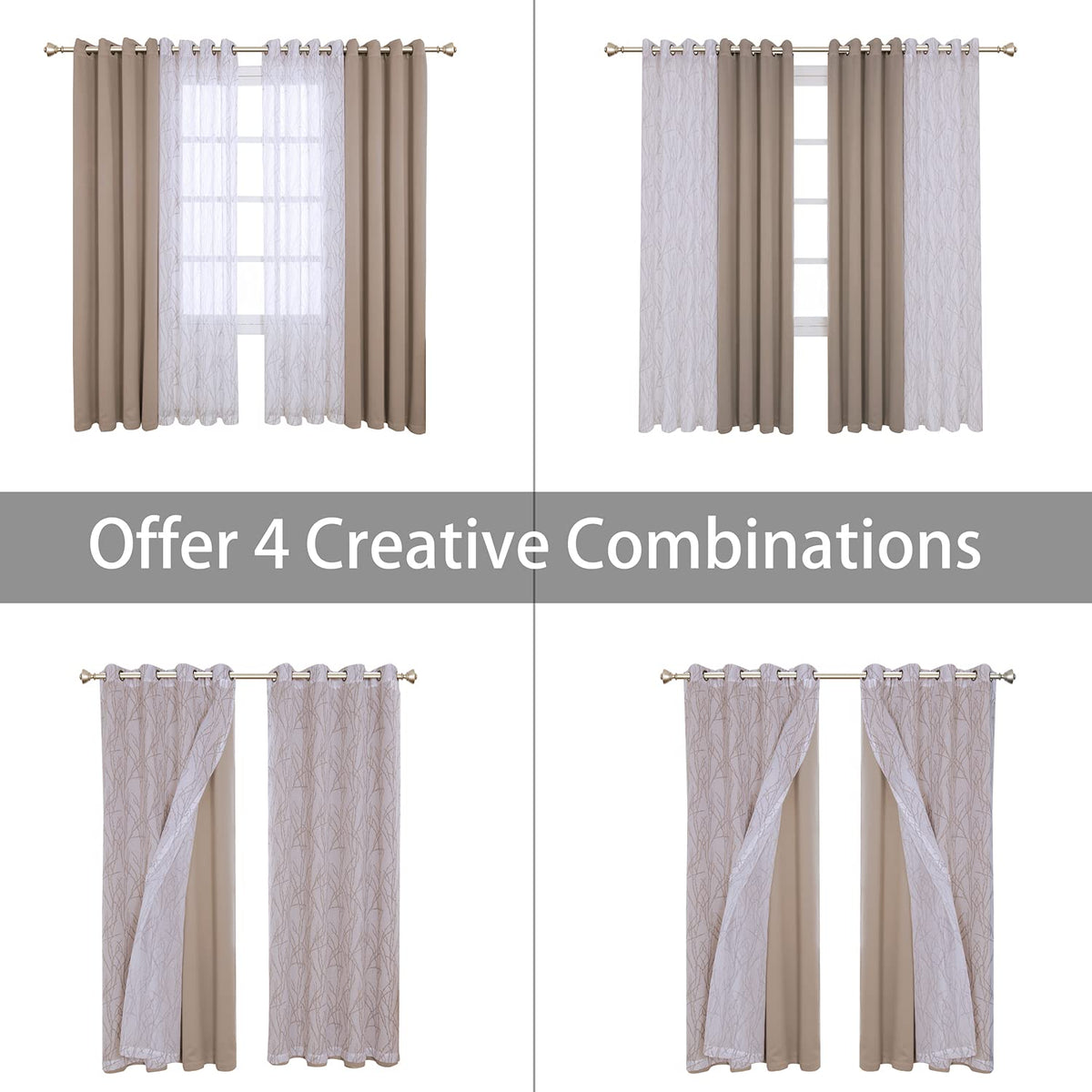 BONZER Mix and Match Curtains - 2 Pieces Branch Print Sheer Curtains and 2 Pieces Blackout Curtains for Bedroom Living Room Grommet Window Drapes, 54x84 Inch/Panel, Taupe, Set of 4 Panels