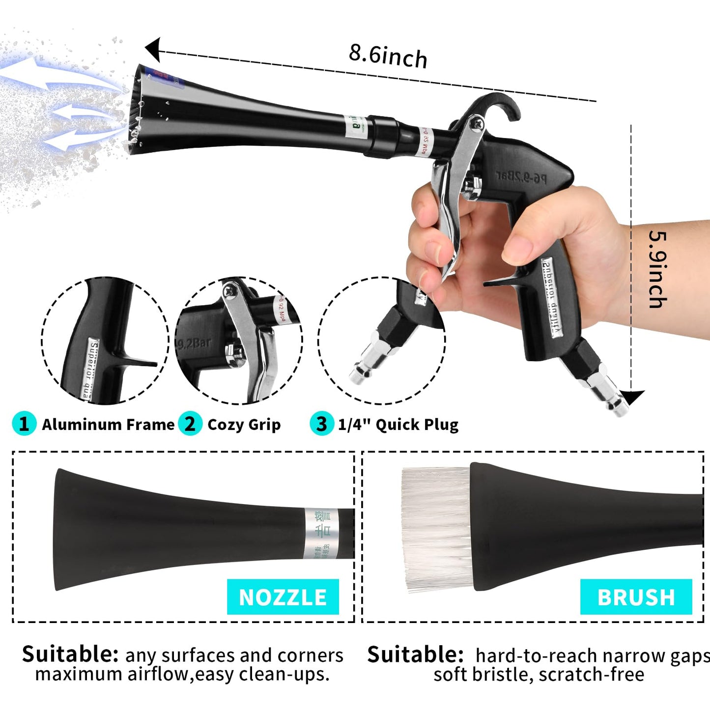 GOCCIDA Tornado Dry Cleaning Gun with Brass Adjustable Air Flow Nozzle,Air Blower Gun Quickly Blasts Dirt and Dust from Surface Works with Air Compressor Black
