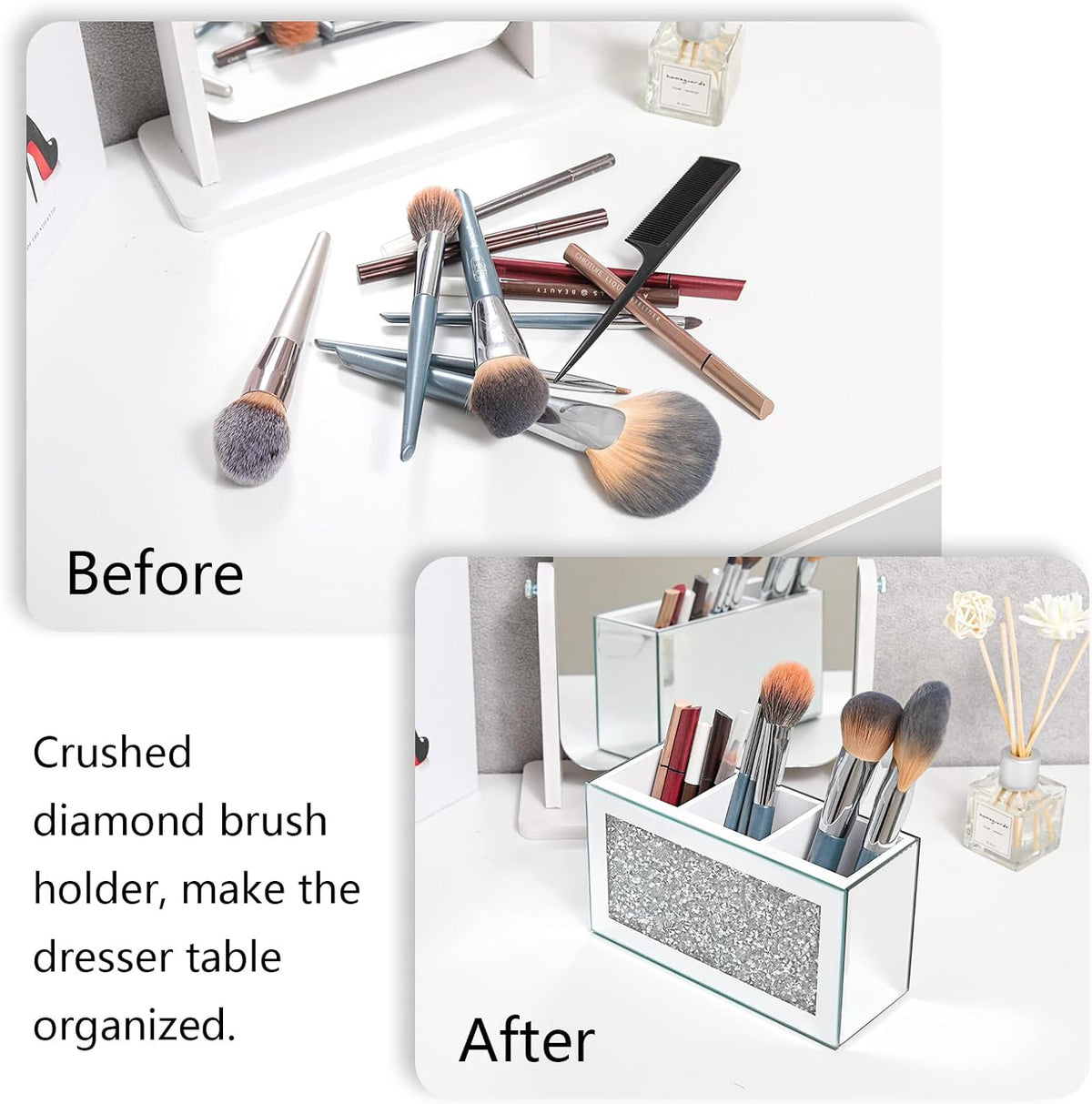SWTHONY Silver Makeup Brush Holder Organizer, Bling 3 Slot Crushed Diamond Crystal Mirrored Cosmetic Brushes Storage, Eyeliners Eyebrow Pencil Display Case