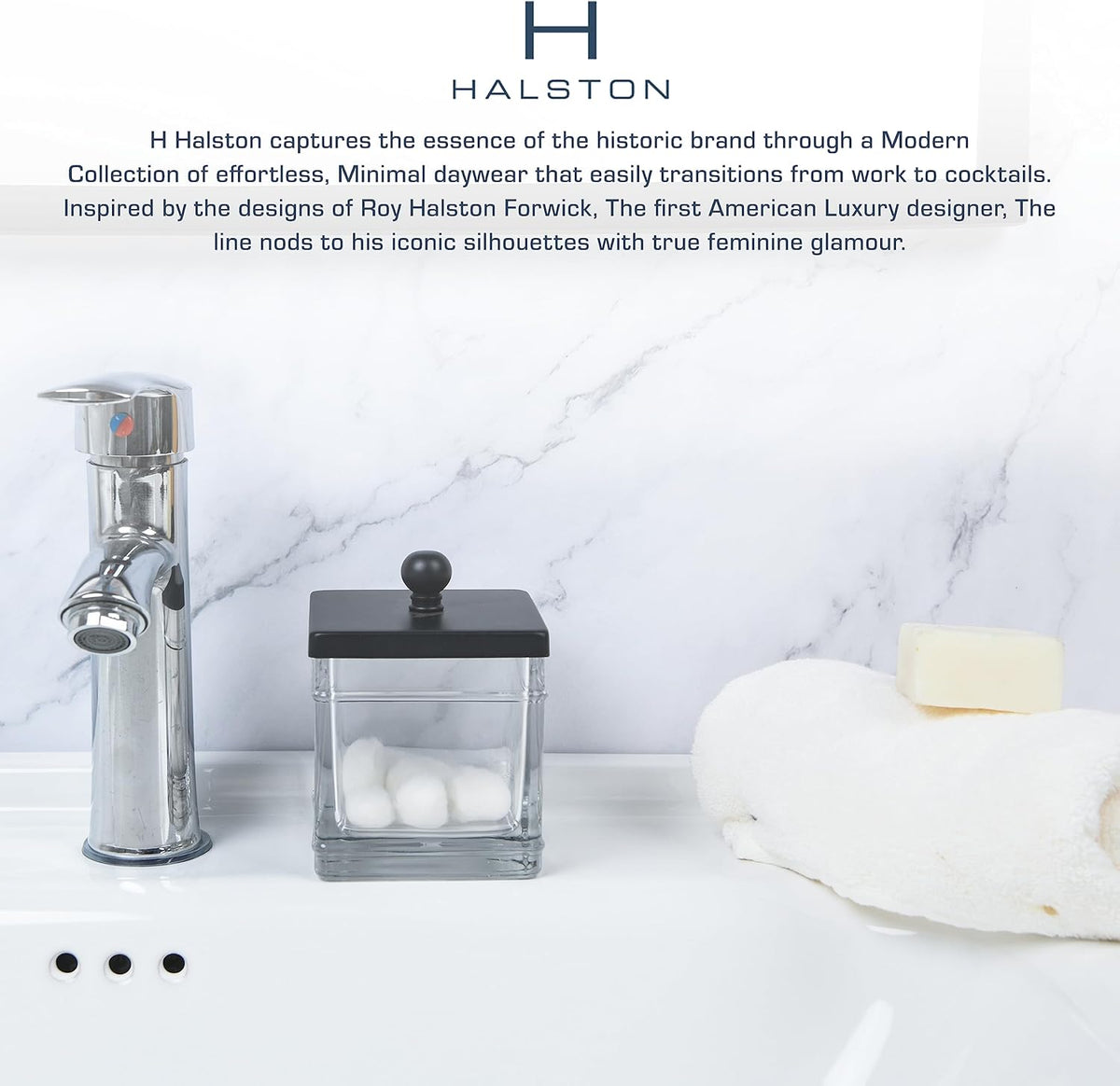 H Halston Apothecary Glass Cotton Jar Holder for Qtips, Cotton Balls, Floss, Storage Canister, Bathroom Organization, With Matte Black 304L Stainless Steel Lid, Makeup Vanity Organizer