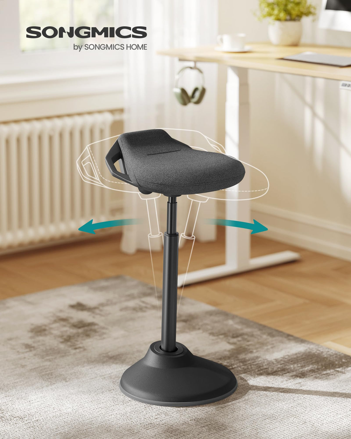 SONGMICS Standing Desk Chair, Adjustable Ergonomic Wobble Stool, 23.6-33.3 Inches Drafting Chair, Swivel Sitting Balance Stool, Fabric Upholstery, Anti-Slip Bottom Pad, Ink Black UOSC02BK