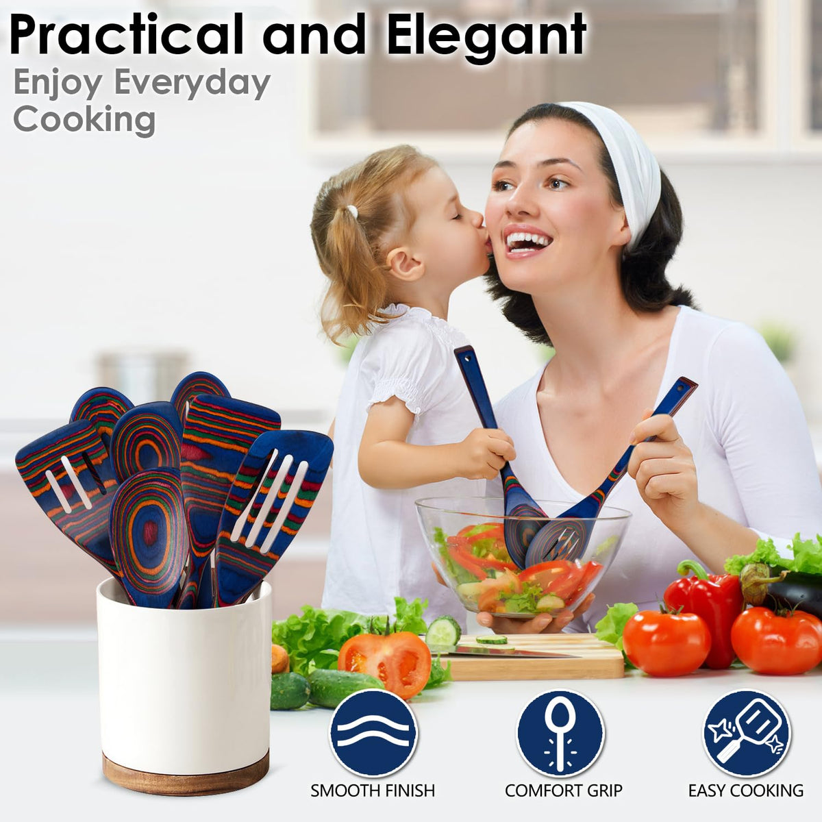 Wooden Spoons for Cooking, 7 Pcs Pakkawood Wooden Kitchen Cooking Spoon Utensil Tools Set Includes Spatula Corner Spoon Rice Paddle Friendly to Non-Stick Cookware by HOWHONG (Spectrum)