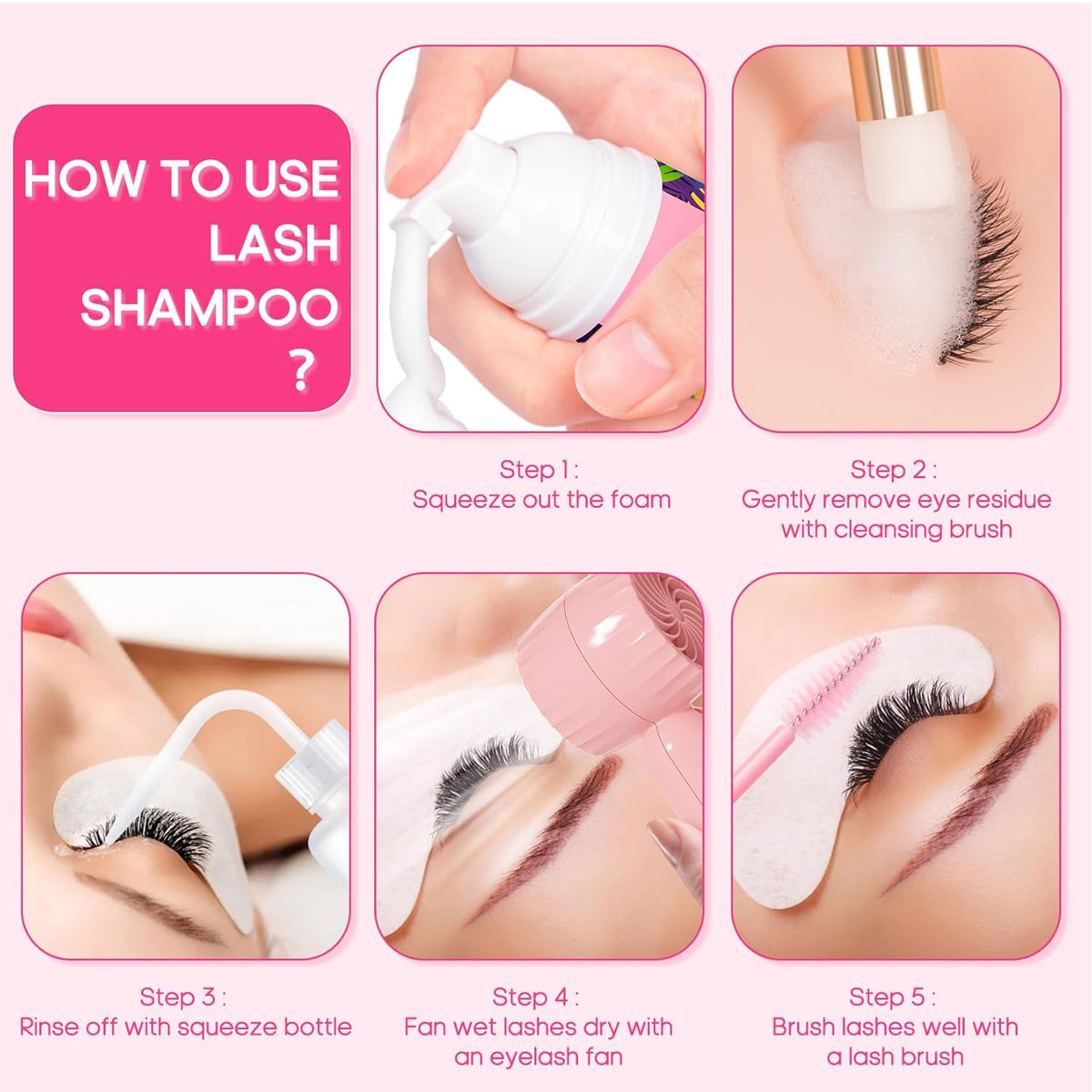 Buqikma Lash Cleaning Kit - Lash Shampoo Kit Eyelash Extension Cleanser for Extensions 60ML with Rechargeable Handheld Lash Fan Dryer Mascara Brush Rinse Bottle Makeup Cleansing Foam for Lash Care