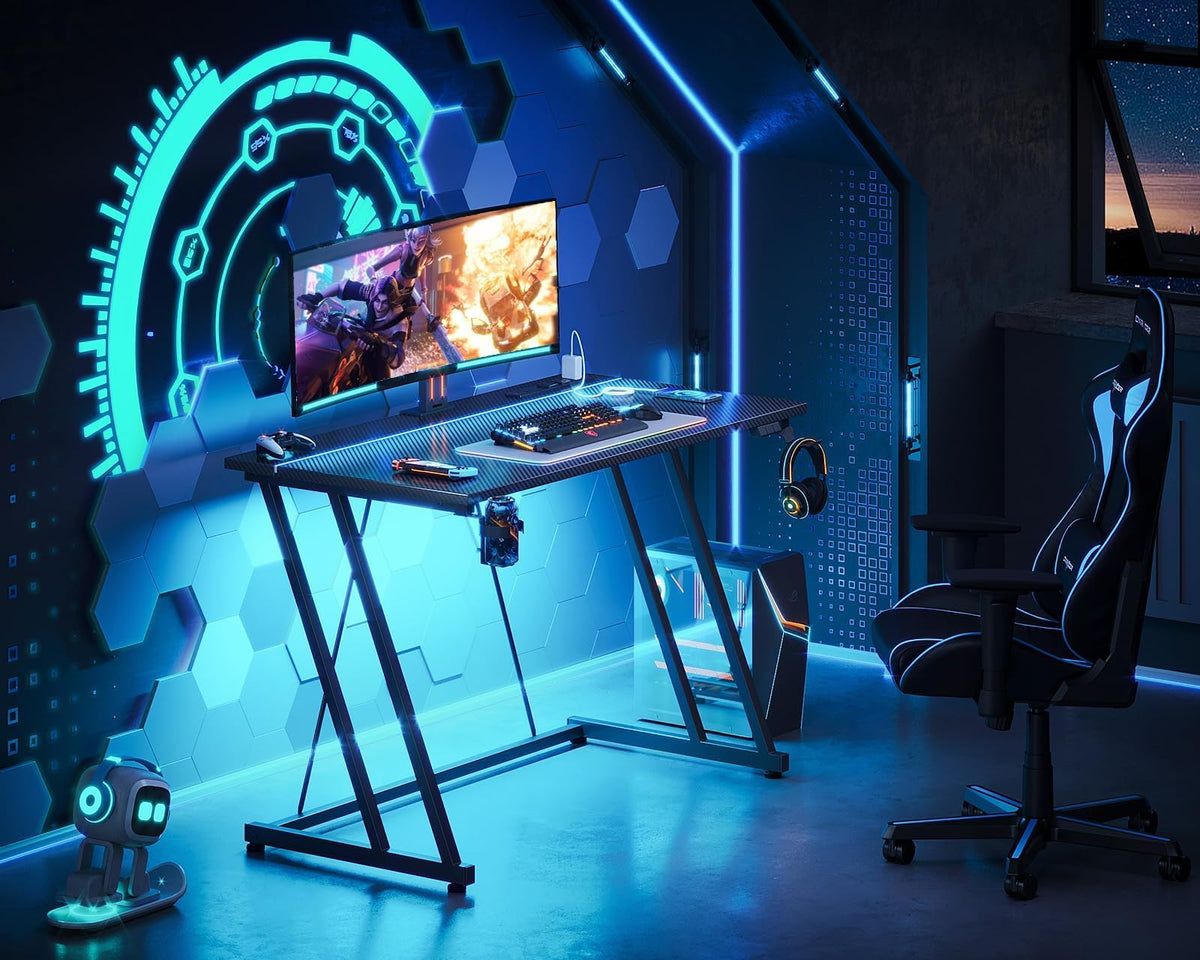 MOTPK 39 Inch Small Gaming Desk with LED Lights & Power Outlet, Computer Desk for Small Space, Gaming Table with Carbon Fiber Texture, Kids Desk Gift for Boys Men, Black