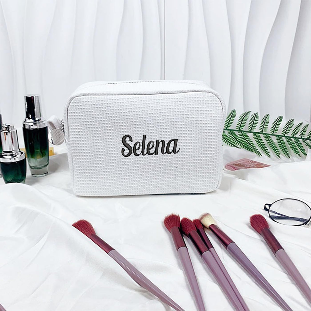GOPHIE Personalized Embroidered Makeup Bag,Custom Waffle Fabric Cosmetic Pouch for Women, Travel Makeup Pouch (6, White)