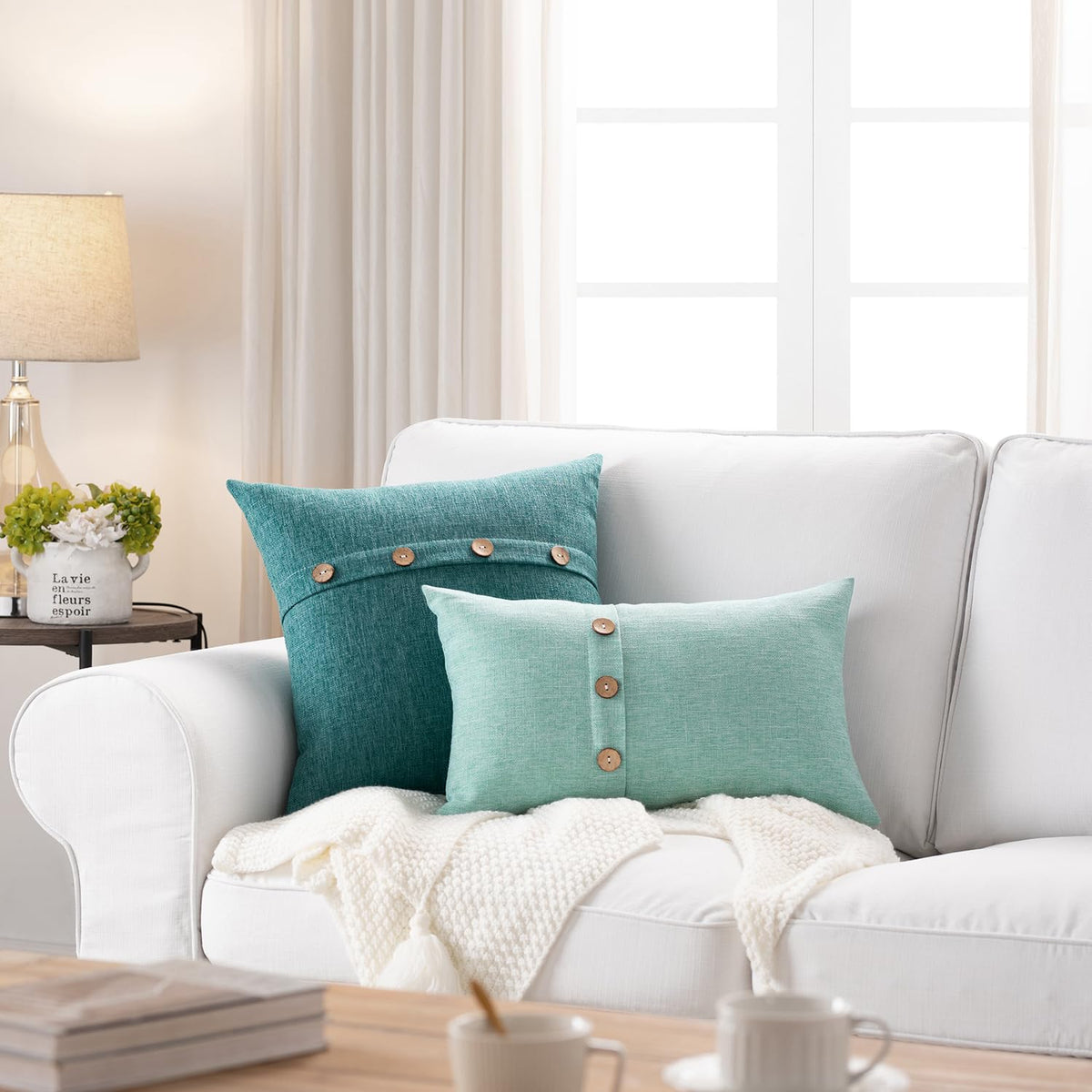 Meekio Set of 2 Teal Green Square Pillow Covers 18 x 18 Farmhouse Boho Pillow Covers with Coconut Buttons for Sofa Couch Living Room Bedroom Farmhouse Décor for The Home