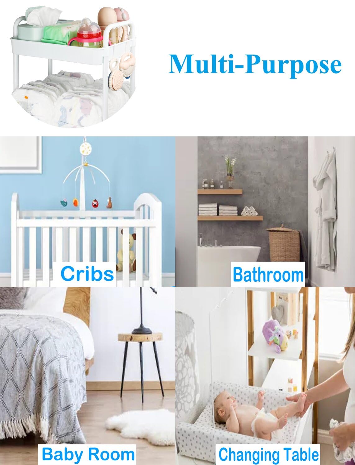 Volnamal Diaper Caddy Organizer, 3-Tier Movable Diaper Cart with Wheels, Newborn Essentials Must Haves, Diaper Caddy for Wipes & Diapers, Baby Registry Search - Plastic White