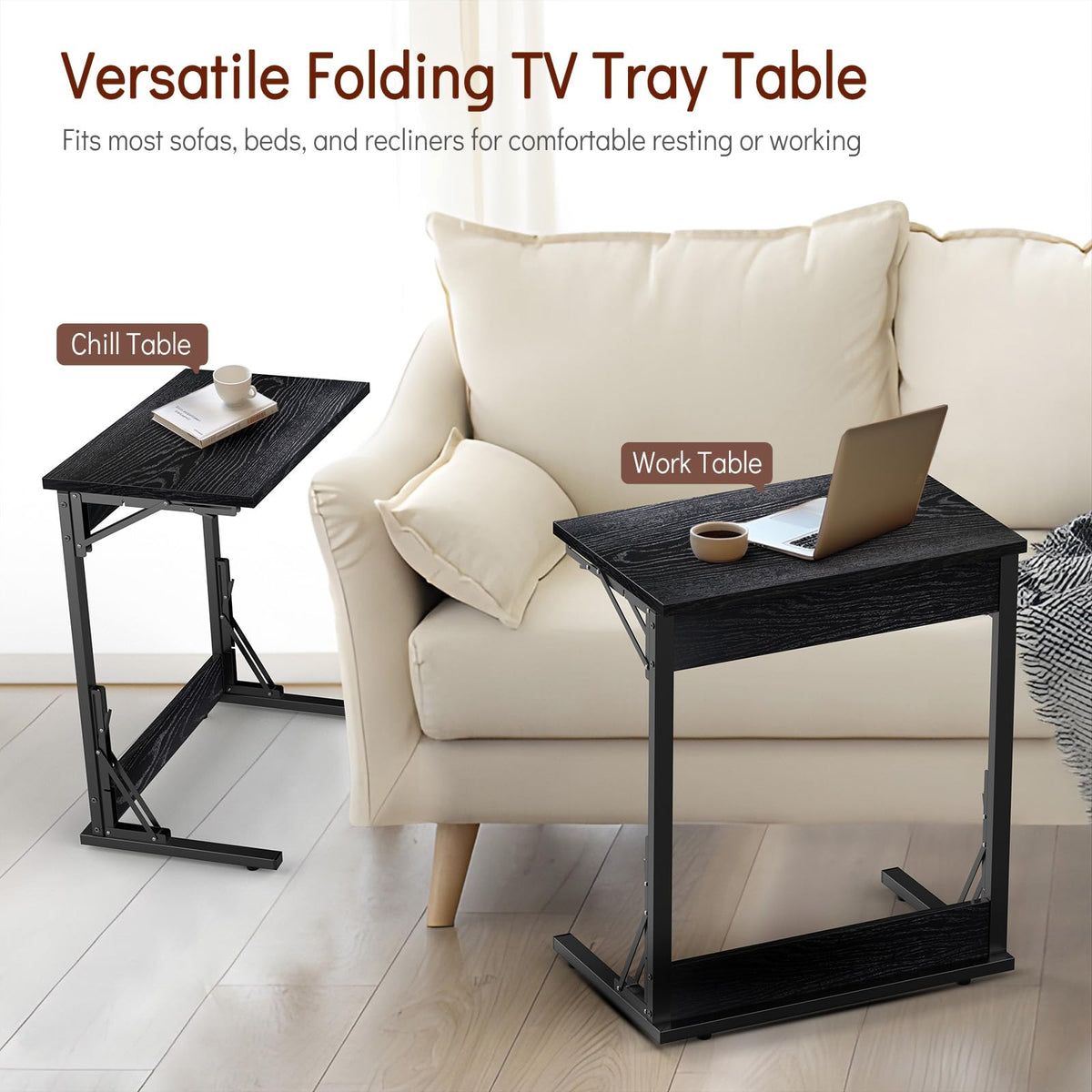 Tatub 24" Folding C Shaped End Table Set of 2, Small Sofa Side Laptop Desk, Couch TV Tray Table for Living Room, Bedroom, Black