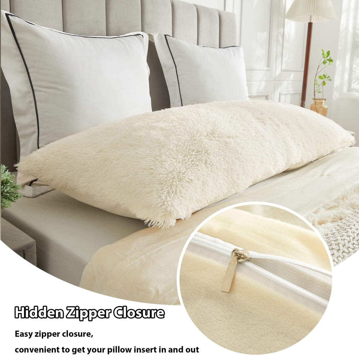 LIFEREVO Off White Body Pillow Cover,Luxury Shaggy Ultra Soft Plush Faux Fur Pillowcase 20"x54" for Bed Couch,Microfiber Long Pillowshams for Pregnant Women/Mother/Wife(Light Beige)