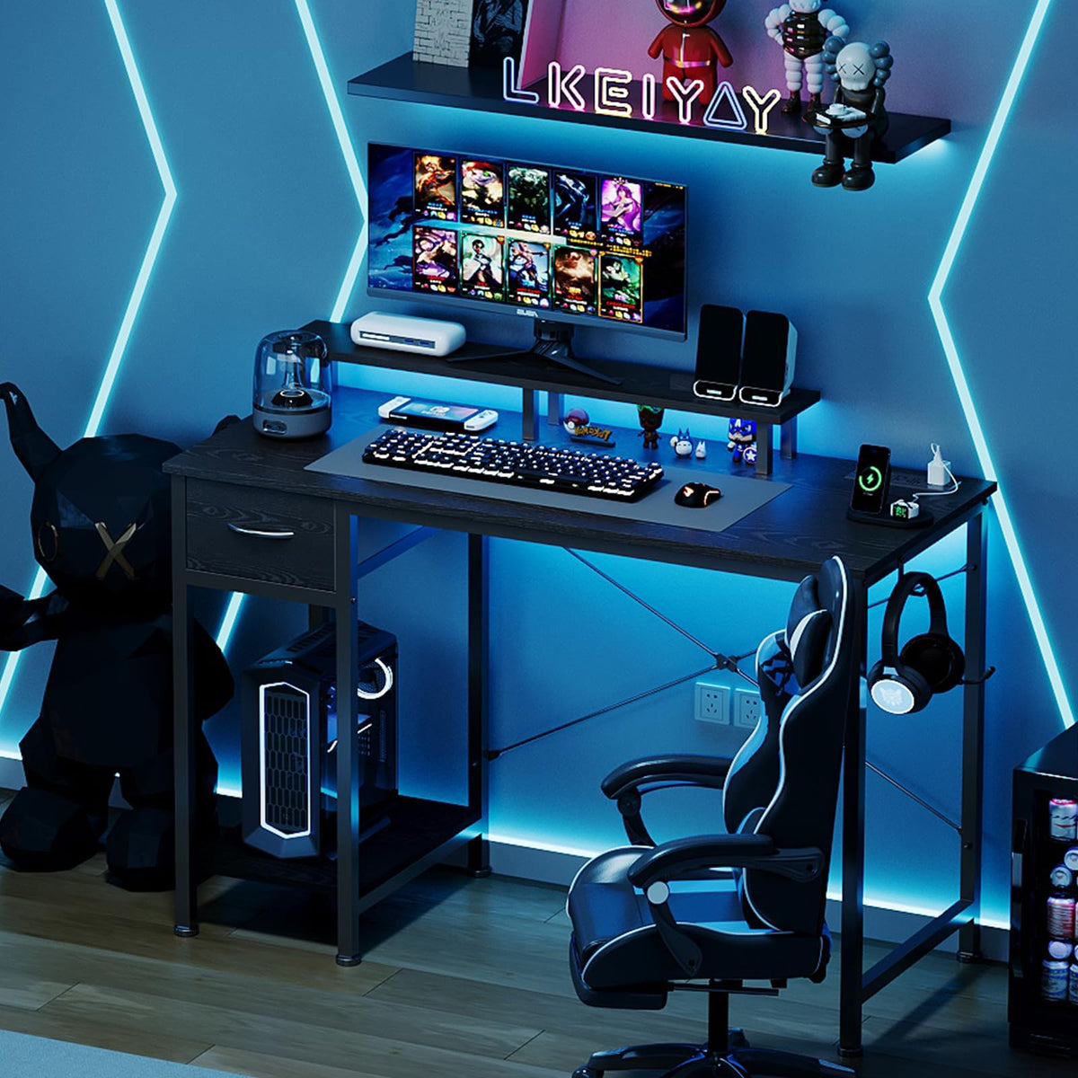 Lkeiyay 47 Inch Gaming Desk with LED Lights & Monitor Stand,Computer Desks with Storage Drawer and Power Outlet,Reversible Gamer Desk with Headphone Hooks and Shelves for Small Space Upgrade Black