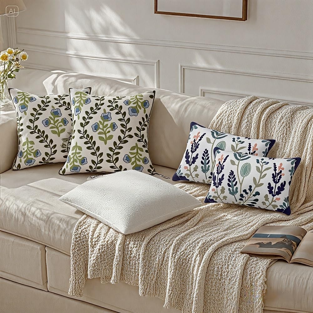 kittmin Summer Embroidered Outdoor Throw Pillow Covers – Set of 2, 12x20 Inch, Cotton, Botanical Floral Cushion Cases, Blue & Green Decorative Lumbar Pillows for Patio, Sofa, Bed & Couch(Leaf)