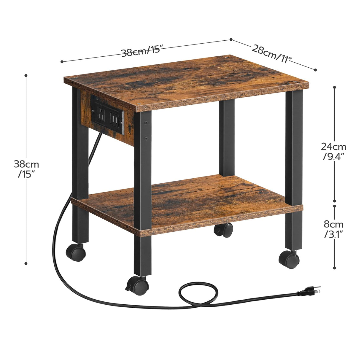 HOOBRO 2-Tier Printer Stand With Charging Station, Under Desk Table, Cart With Storage Shelves, Shelf for Small Spaces, Home Office, Rustic Brown and Black BF38UPS01