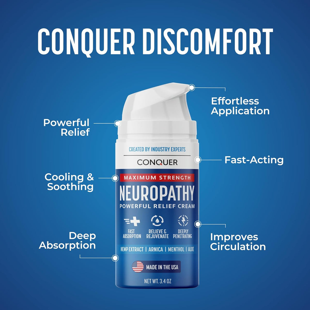 Conquer Neuropathy Cream - Powerful Relief Foot Cream for Neuropathy with Natural Arnica, Aloe Vera, Hemp Extract, Menthol - Maximum Strength Cooling & Soothing - 3.4oz Large Size (Pack of 2)