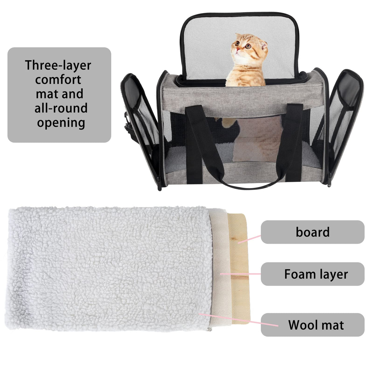 Cat Carrying Case - Pet Carrier Airline Approved, Protable and Breathable Pet Travel Carrier Removable Fleece Pad, Collapsible Cat Carrier Dog Carrier for Medium Cats Small Cats Dogs(15 * 10 * 10)