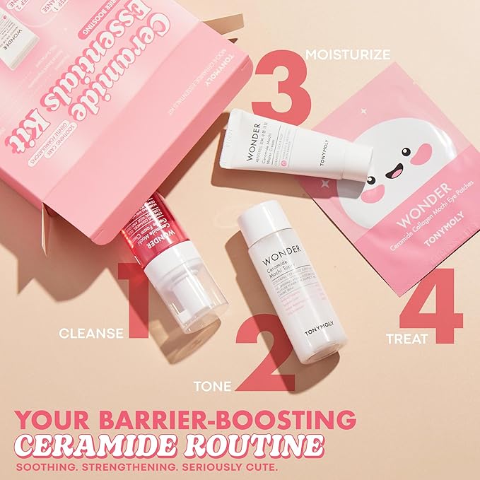 TONYMOLY Wonder Ceramide Mochi Essentials 4-Piece Skincare Set – Travel Toner, Cleanser, Cream & Eye Patches, Hydrating Korean Skincare Kit
