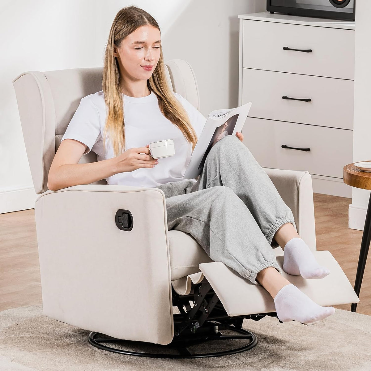 COMHOMA Rocking Recliner Chair,Swivel Glider Reclining Single Sofa Manual Rocker Recliners,Nursery Rocking Chairs with Upholstered Seating for Living Room Office(Beige)