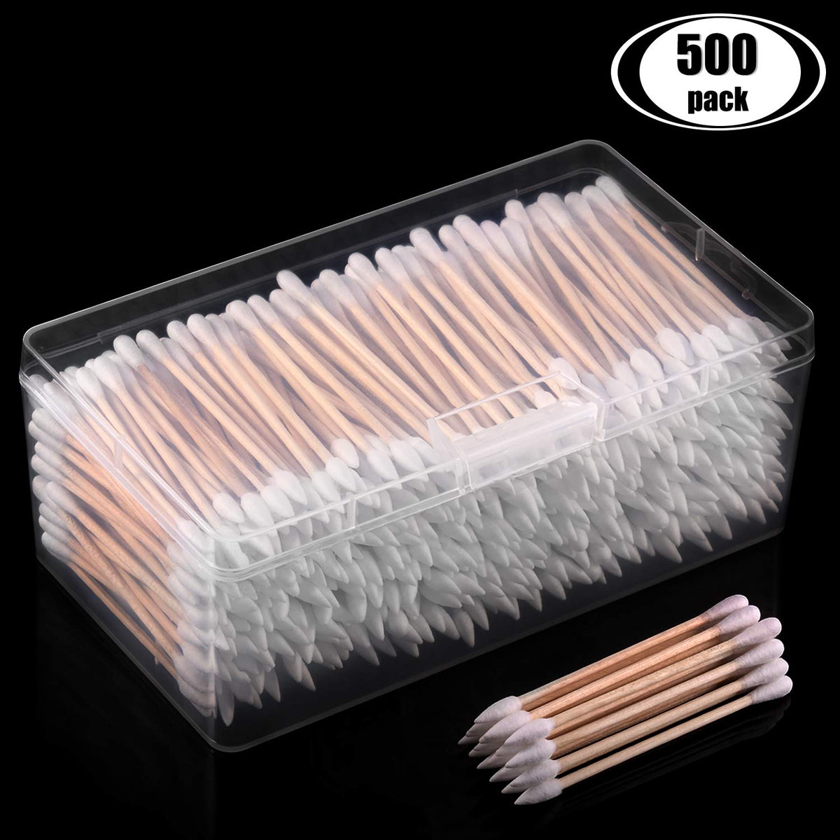 Norme 500 Pcs 3 Inch Gun Cleaning Swabs Long Cotton Swabs in Storage Box Long Pointed and Round Tip with Wooden Handle Buds for Makeup Baby Pet Care