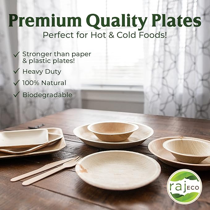 Raj Palm Leaf Plates Plates like Bamboo plates Disposable, Decorative Compostable Tableware for wedding, Lunch, Dinner, Birthday, Camping, Outdoor BBQ, Picnic (9.5"x100 7"x100 (200 Pack))