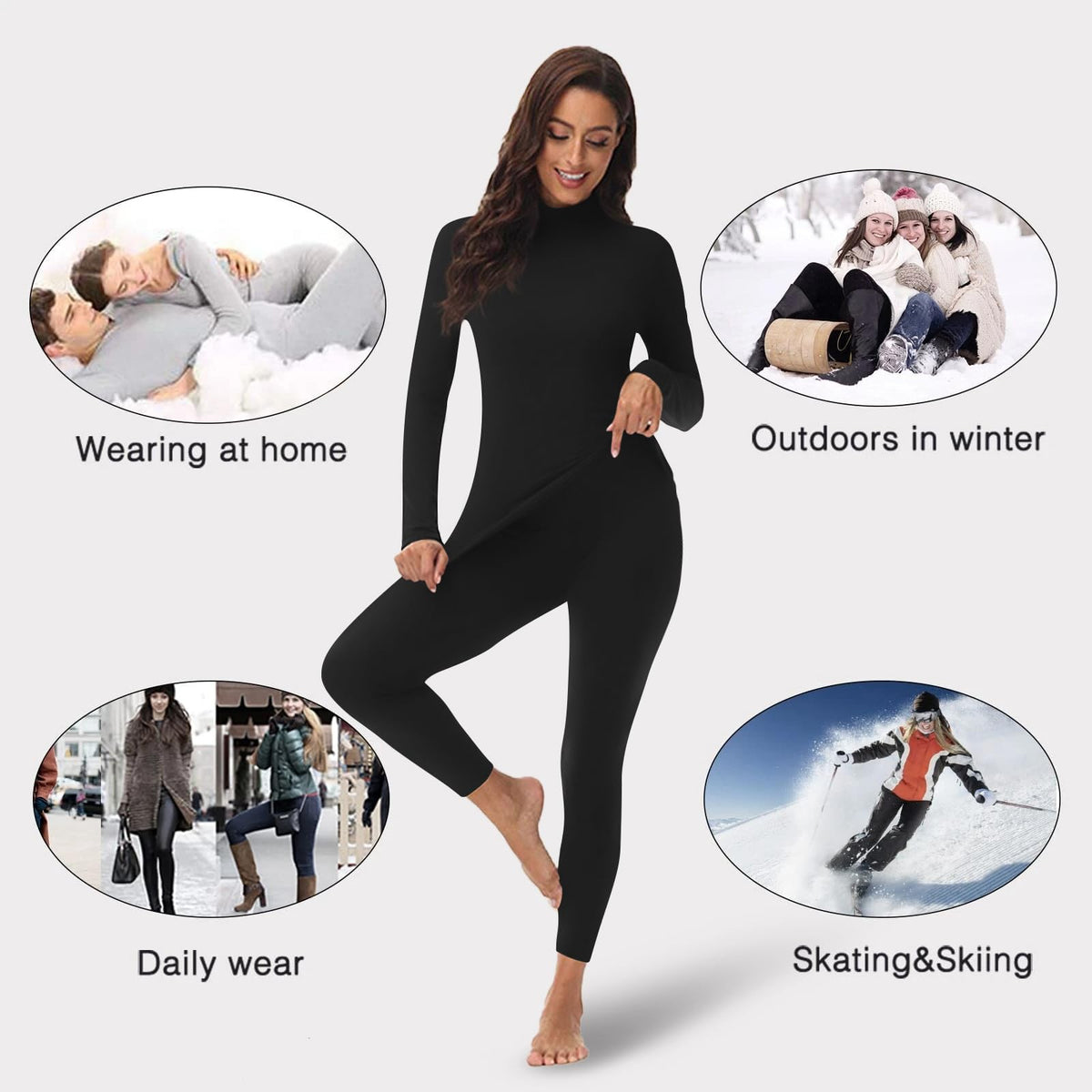 JOLLYBUYER Women's Mock Neck Thermal Underwear Winter Fleece Ultra-Soft Warm Base Layer Set Black
