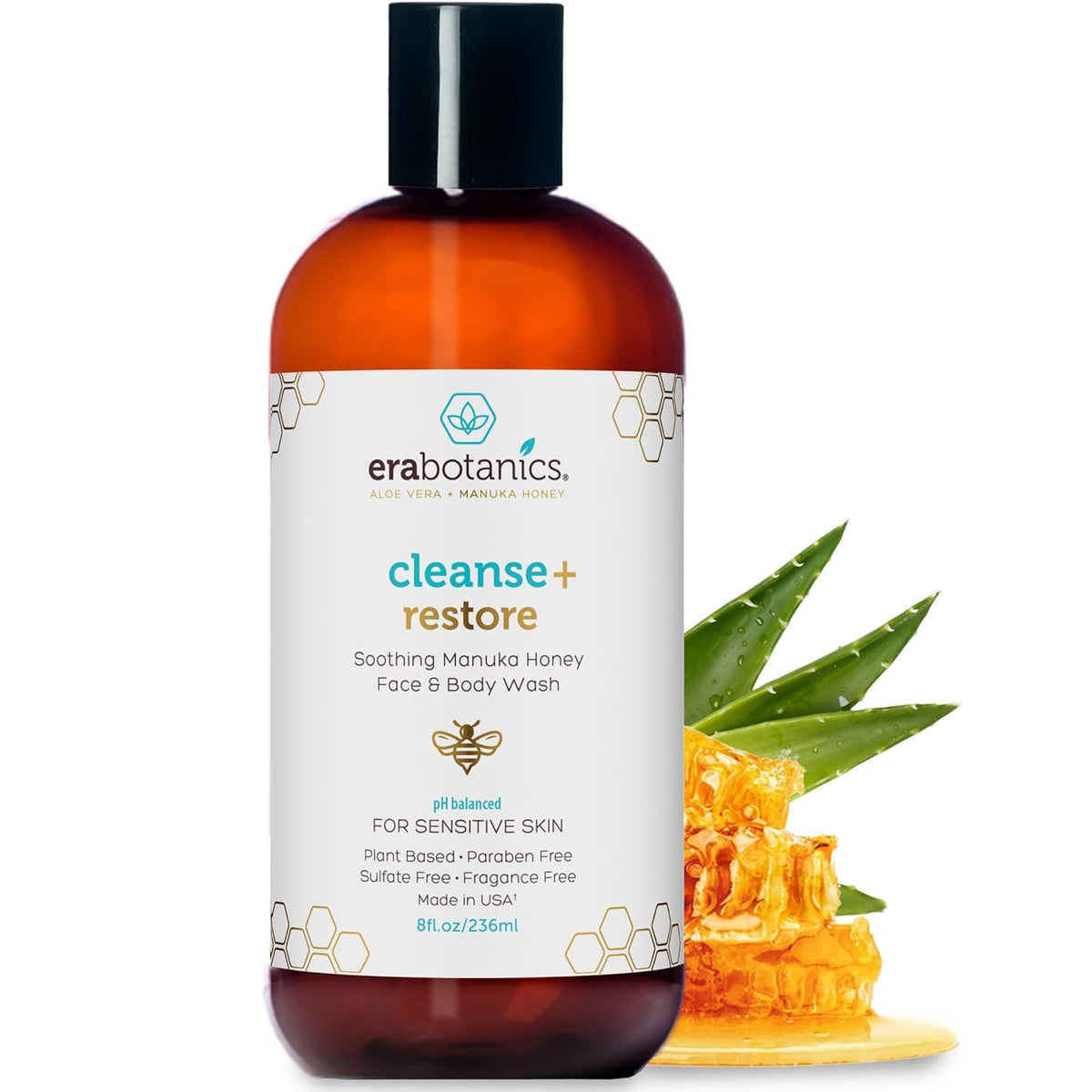 Era Organics Manuka Honey Face Wash for Women, Men - Sulfate Free Moisturizing Cleanser, Organic Aloe Vera - Soothing Plus Gentle on Dry Skin Facial Cleanser Made in USA - 8oz