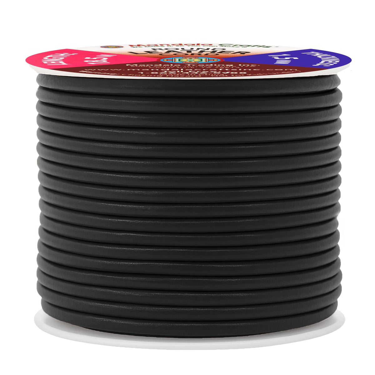 Mandala Crafts Round Cowhide Genuine Black Leather Cord for Jewelry Making Kumihimo Leather Rope Spool - Black 20 Yds 1.5mm Cording