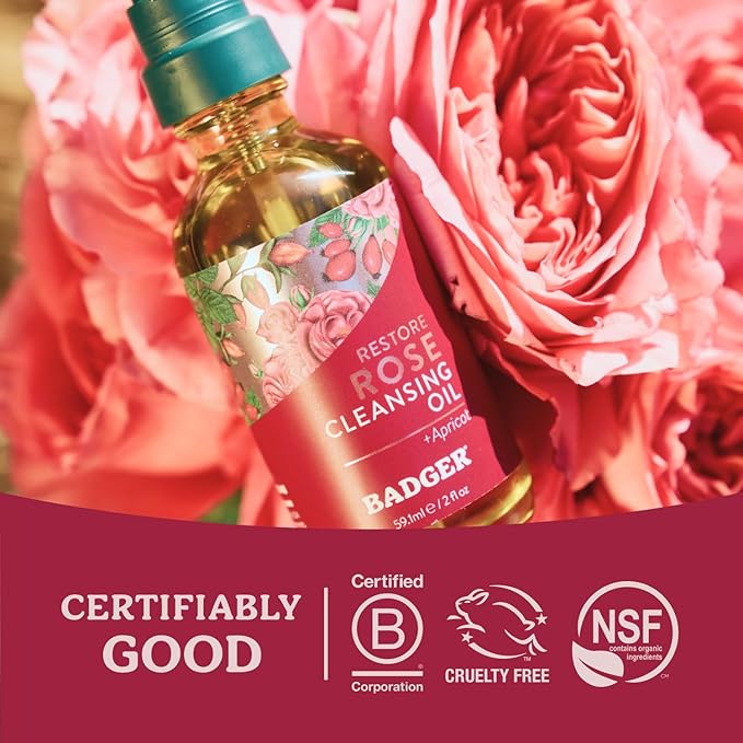 Badger Rose Face Cleansing Oil, Organic Facial Cleanser & Makeup Remover, Non-Greasy Moisturizing Skin Balancing Gentle Face Cleanser w/Pure Rose Oil, 2 fl oz Glass Bottle