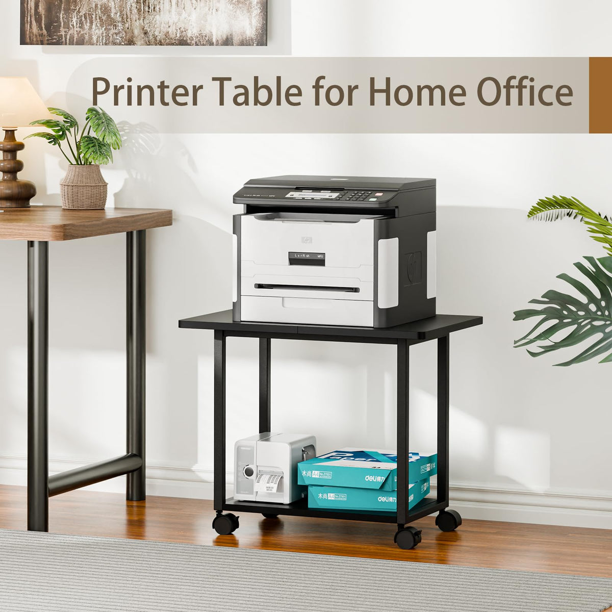 MARTY 22"x15.75" Large Under Desk Printer Stand with Storage Shelf 2-Tier Rolling Printer Cart with Wheels Printer Table for Home Office Heavy Duty Storage Rack for Scanner Fax Machine, Black