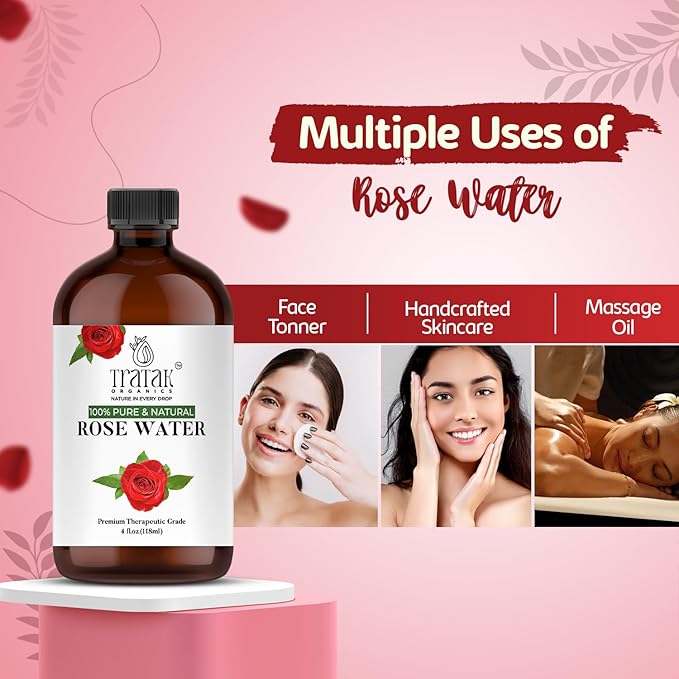 Rose Water 4 fl oz (118 ml) Organic Refreshing Rose Water Spray for Face & Skin Hydration, Pure Rosewater for Hair & Makeup Setting Spray, Reduce Eye Puffiness, Dark Circles & Redness, Huge 4 oz