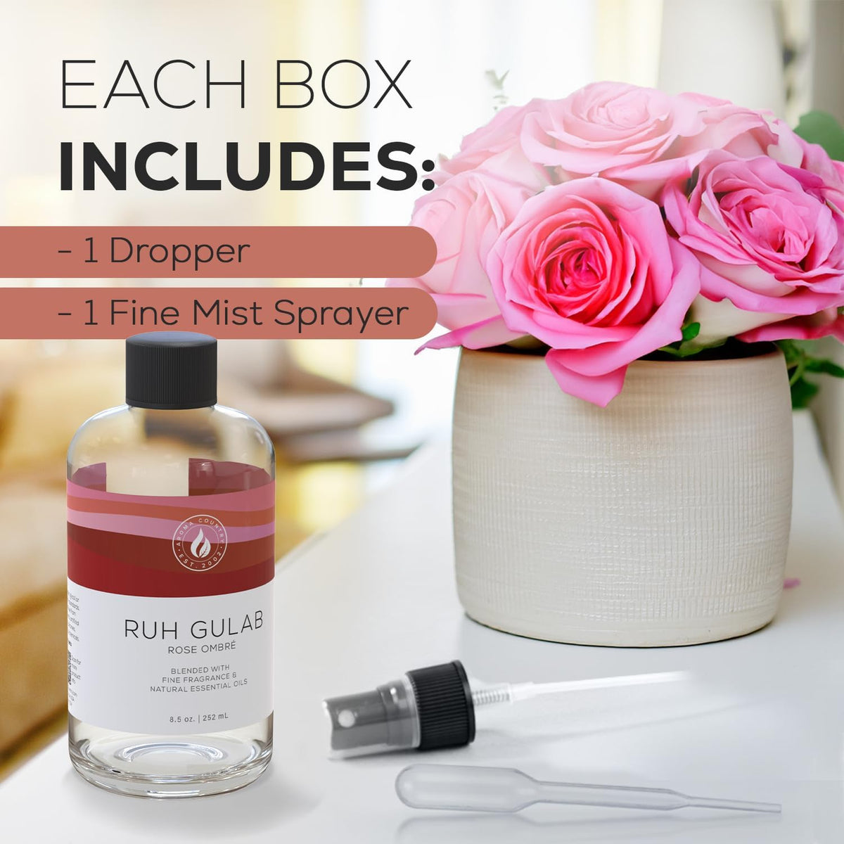 Aroma Country Ruh Gulab Diffuser Oil - Luxury Essential Oils for Diffuser Refill & Air Freshener Room Spray - Long-Lasting & Natural Home Fragrance, Damask Rose Scented Oil for Diffusers (8.5 Fl. oz)