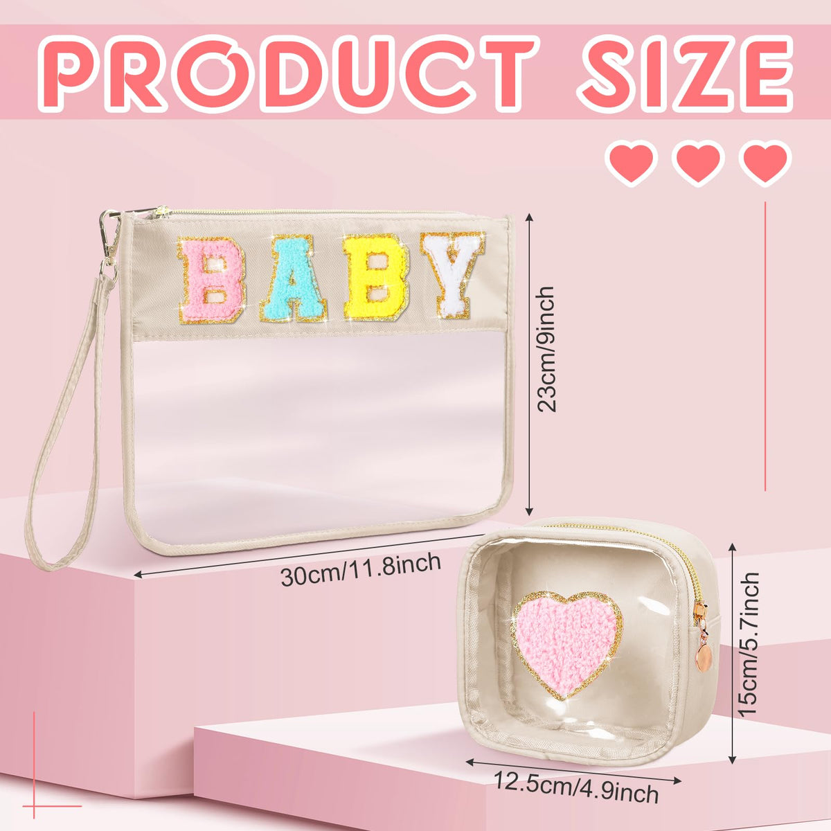 Hillban 2 Pcs Baby Bag Set Chenille Letter Bags Preppy Patch Makeup Pouch Baby Travel Pouch Waterproof Portable Toiletry Storage for Women Mom