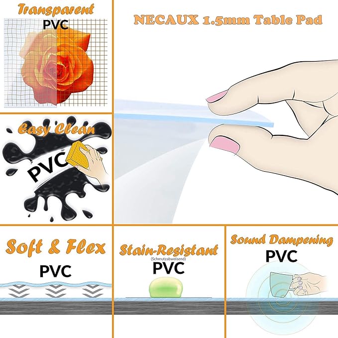 NECAUX Custom Multisize 1.5mm Thick Clear PVC Table Cover Protector - 48 X 104 Inches Kitchen ECO Plastic Crystal Protective Table Pad for Large Dining Room Table/Meeting Table