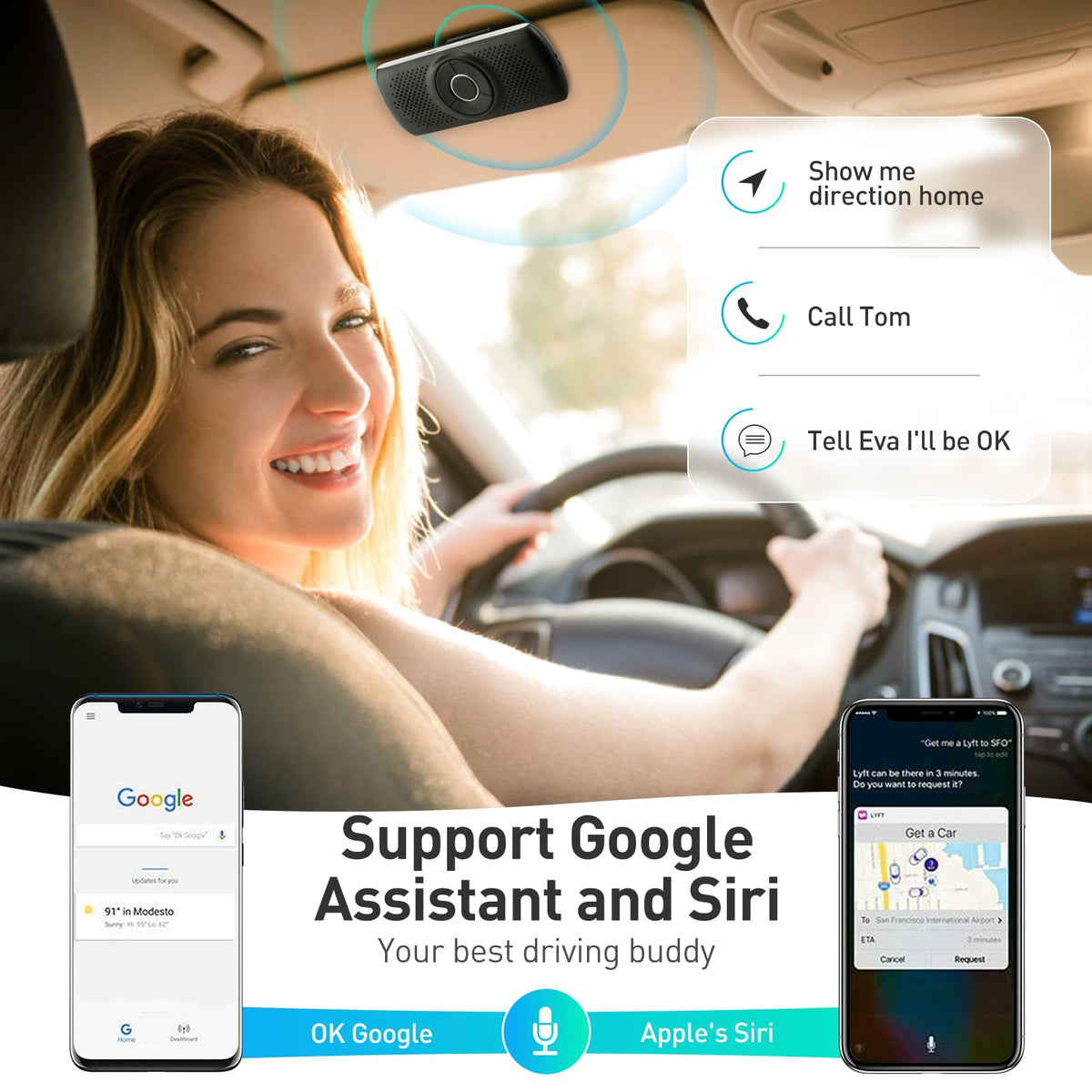 AGPTEK Car Speaker with Bluetooth 5.0, Hands Free Phone Kit for Calls, GPS & Music with TF Card Slot, Motion Auto On, Siri Google Assistant Support Wireless Car Visor Clip Speakerphone