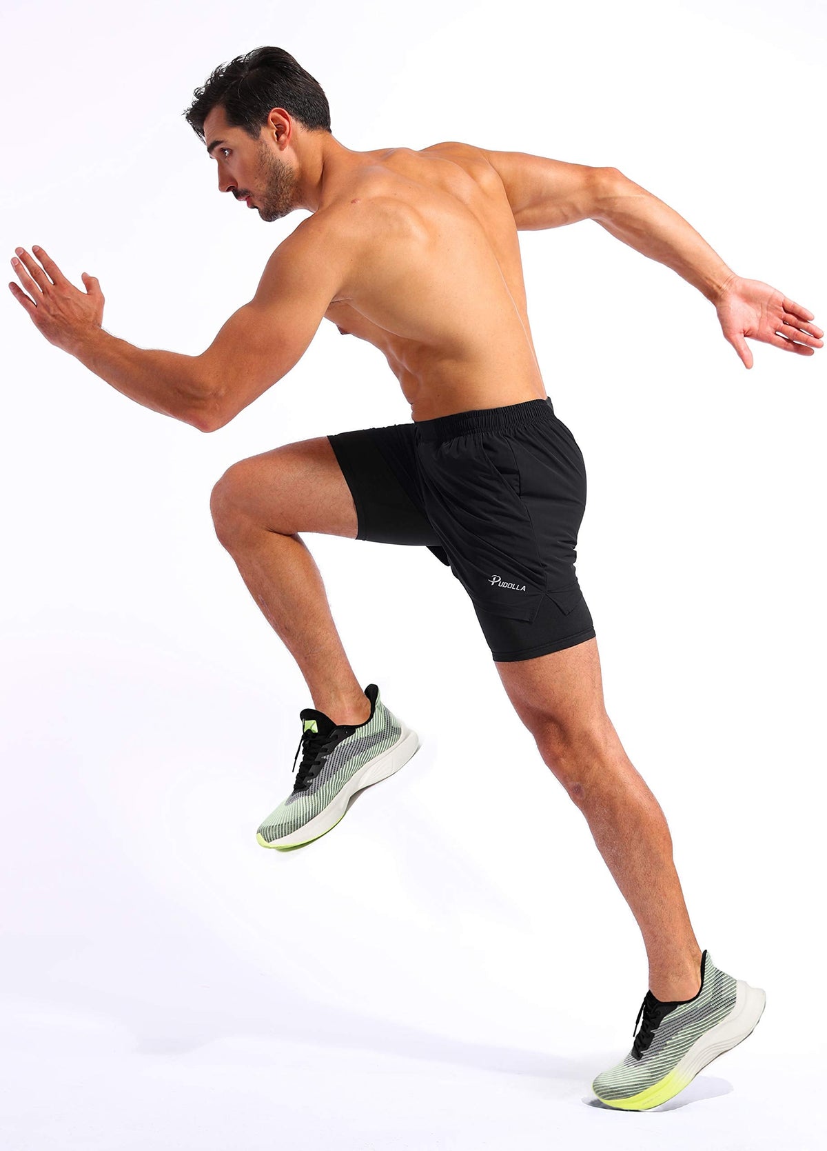 Pudolla Men’s 2 in 1 Running Shorts 5" Quick Dry Gym Athletic Workout Shorts for Men with Phone Pockets(Black Large)