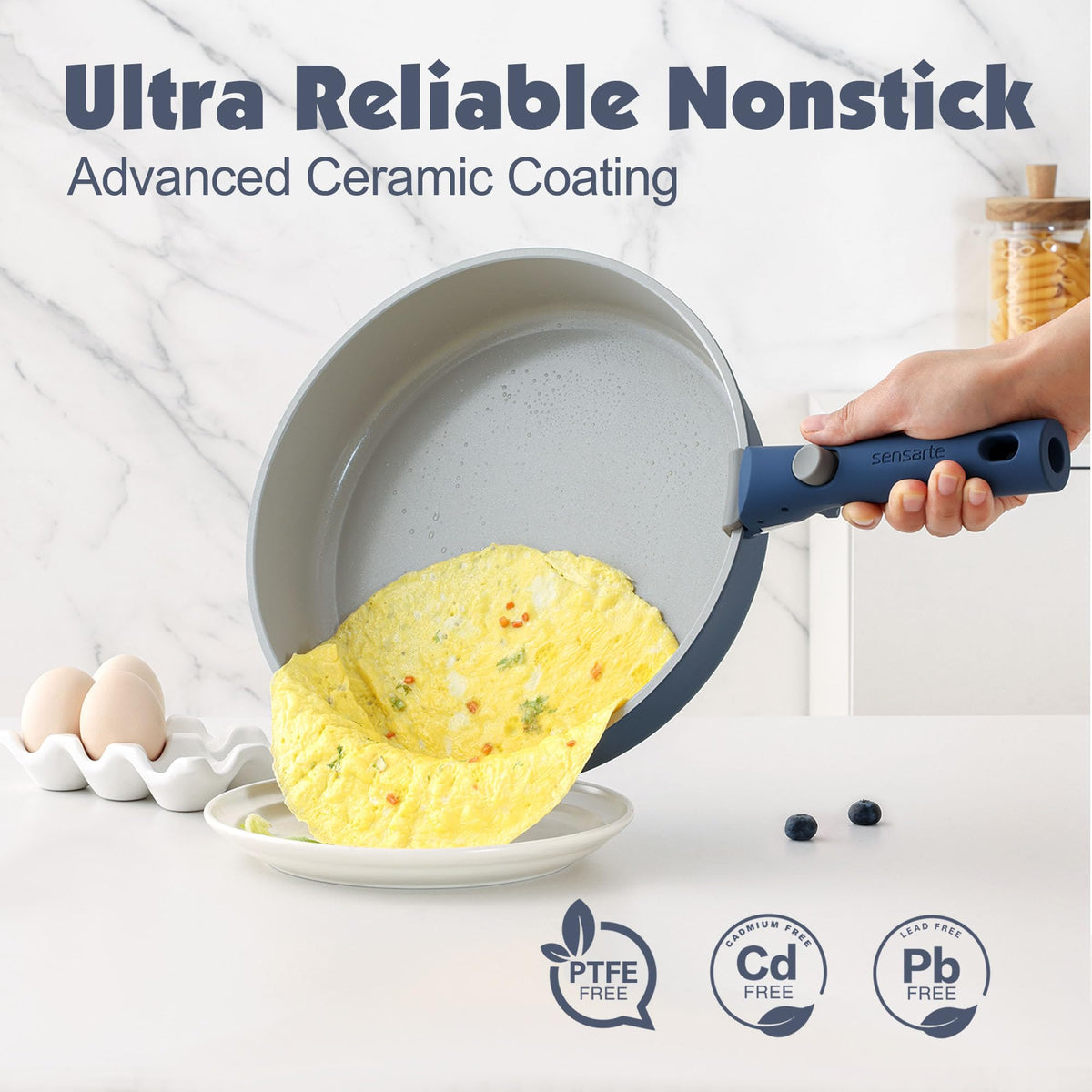 SENSARTE 17 Piece Ceramic Pots and Pans Set, Nonstick Detachable Handle Cookware, Induction Kitchen Cookware Set with Removable Handle, Dishwasher ＆ Oven Safe (Navy)