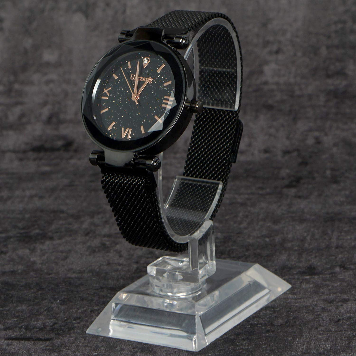 FUNGORGT Fashion Black Ladies Watch Magnetic Mesh Band Starry Sky Dial Analogue Quartz Wrist Watch for-Valentine's Day Gifts