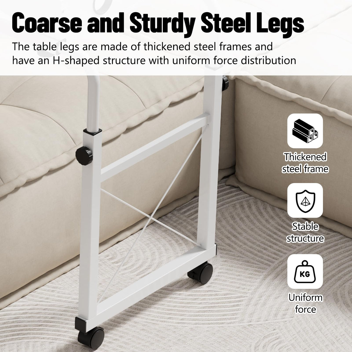 Overbed Table with Wheels, Overbed Desk with Adjustable Length and Height, Rolling Over Bed Desk, King Queen Over The Bed Table on Wheels, Heavy Duty Laptop Table for Hospital and Home (White, 1.2M)