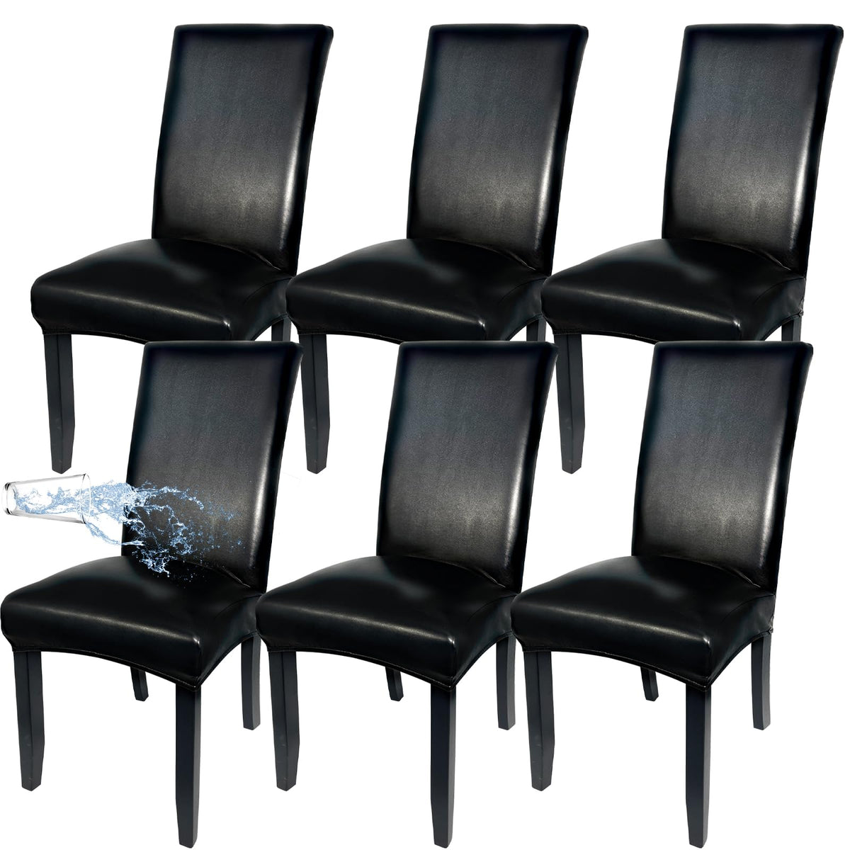 Soft Leather Chair Covers for Dining Chairs set of 6, Stretch Waterproof Dining Chair Covers Protector Oilproof and Scratch-Proof Parson Chairs Cover Modern Style for Kitchen Room(Black, 6Pcs)