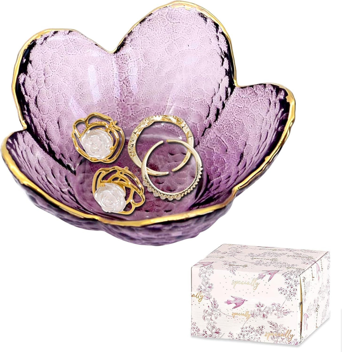 Purple Flower Jewelry Dish Glass Ring Dish Jewelry Tray Cute Vanity Organiser Room Decor Aesthetic Nightstand Bathroom Decor Trinket Dish Ring Holder Dish Jewellery Tray Valentine's Gifts for Women