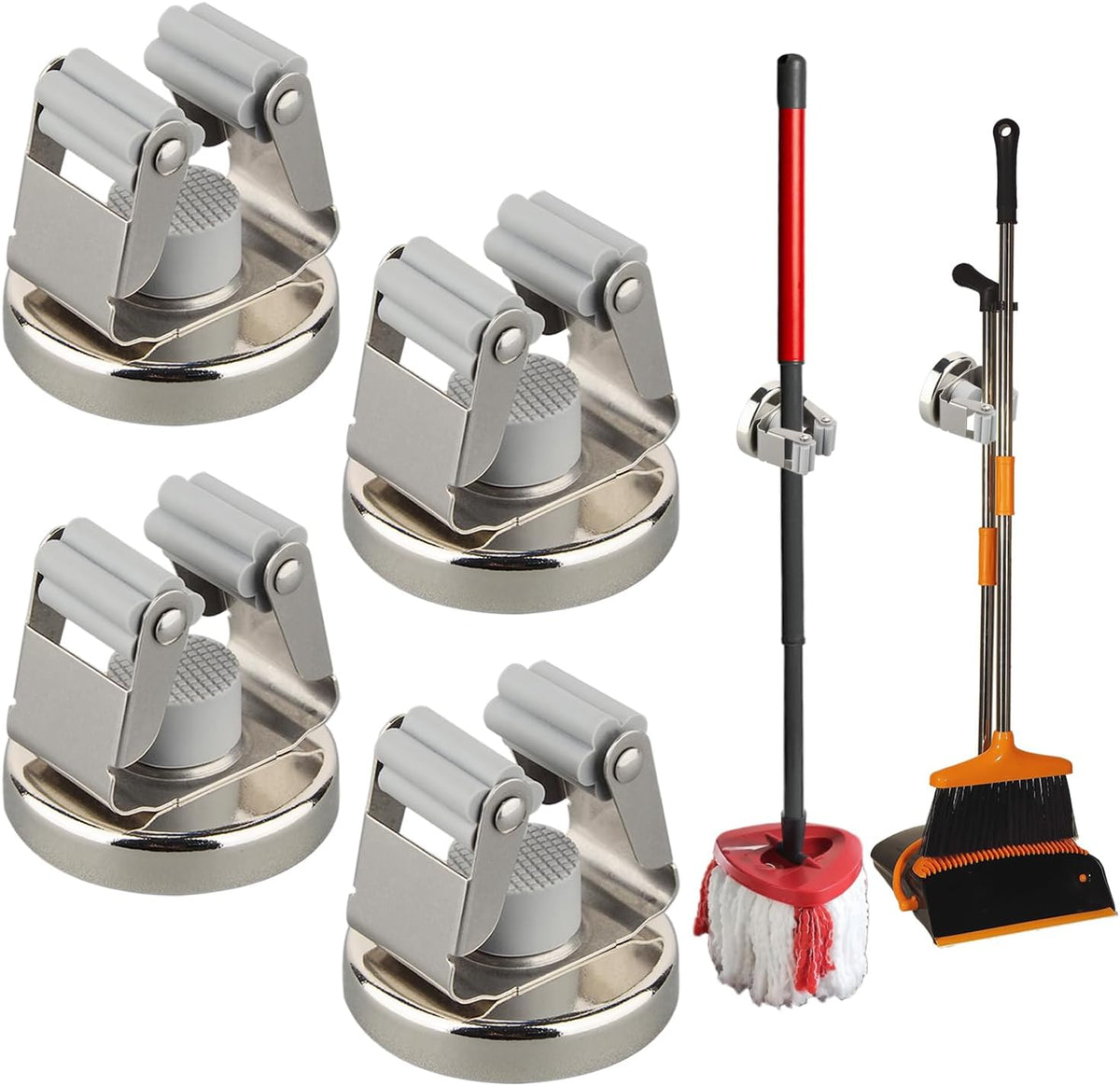 MUTUACTOR Magnetic Broom Holders,4pcs Sturdy Heavy Duty Magnetic Clips Wall Mount,10lbs No Drilling Anti-broken Magnetic Hooks Broom Mop Brackets for Work Cargo Garage Laundry Van Accessories