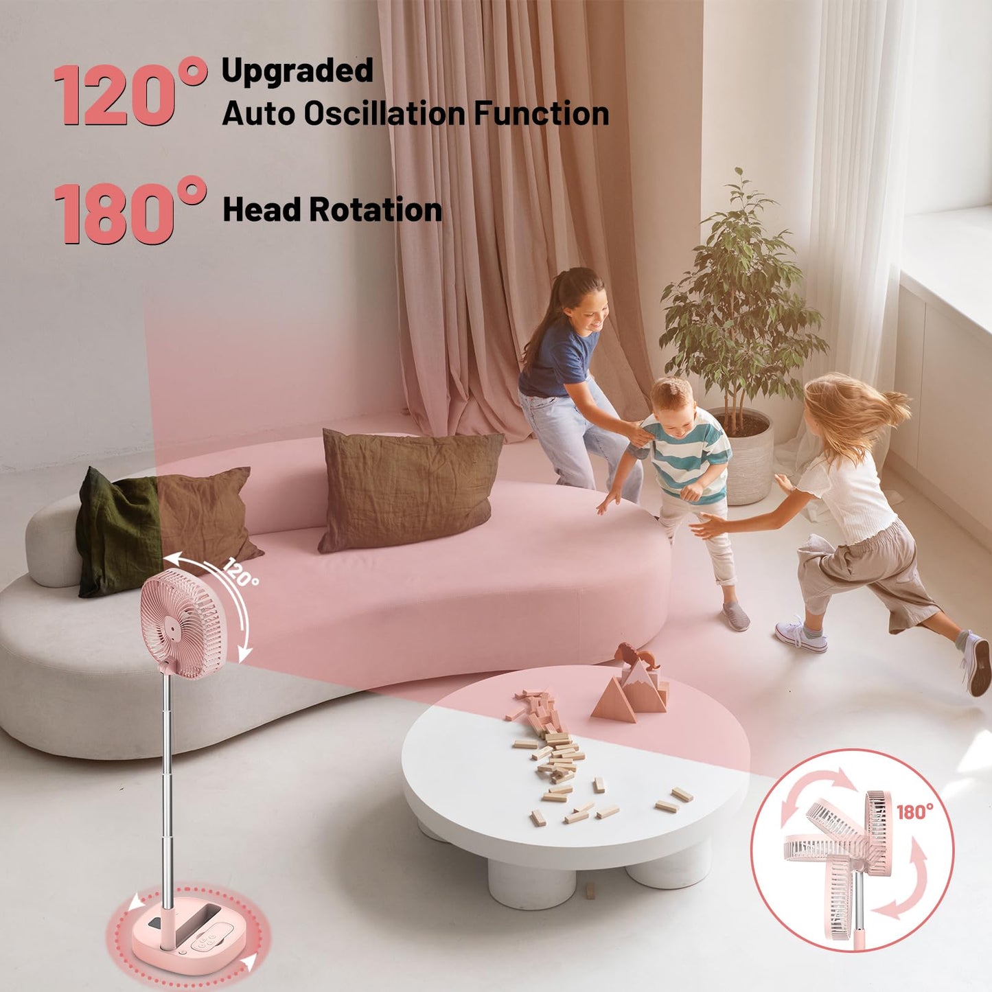 Dhenrio Portable Oscillating Pedestal Fan with Romote, 4 Speed 120° Telescopic Rotation Foldable Standing Collapsible Fans, 7200Mah Rechargeable, Quiet Timer DeskFan for Travel Camping Home, Pink
