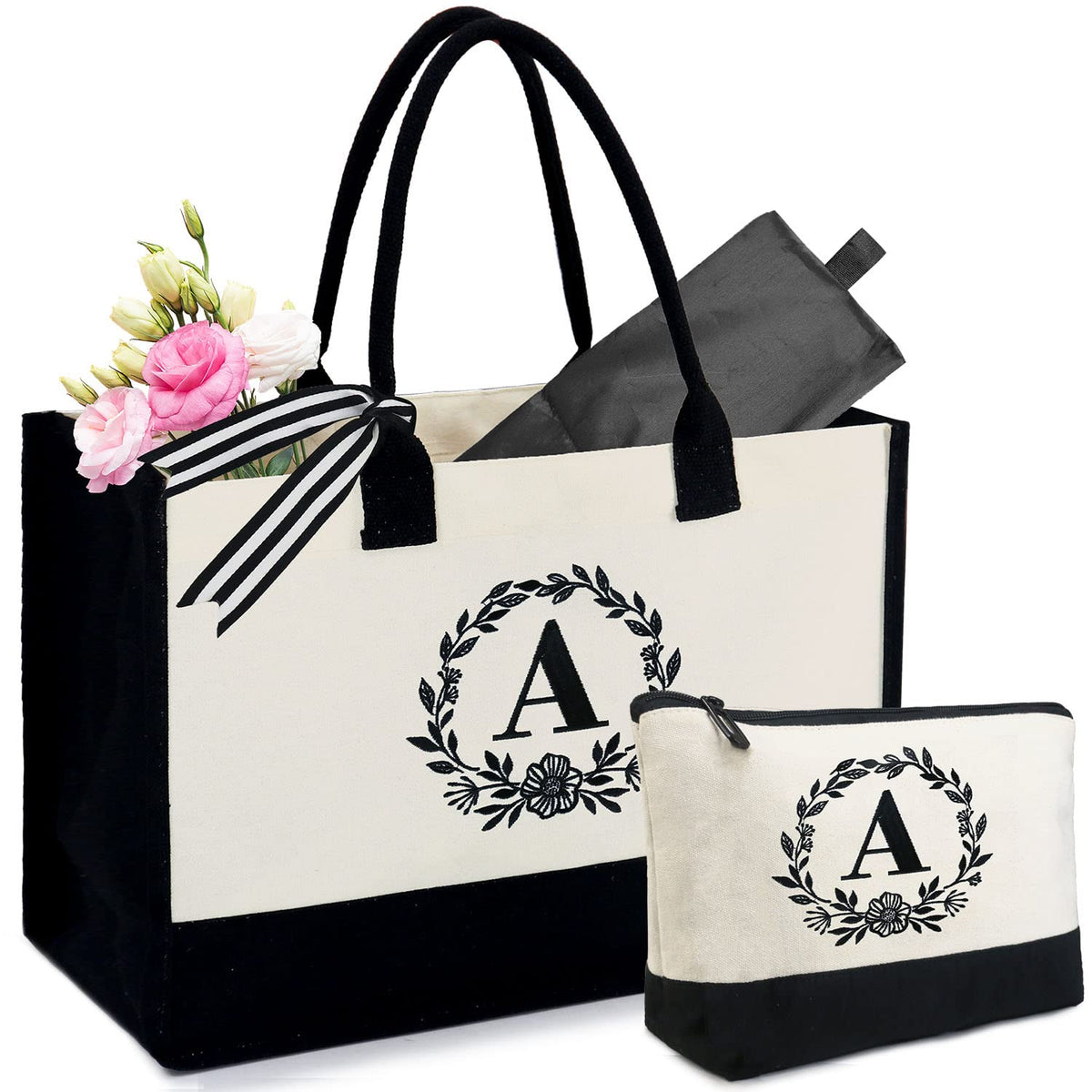 BeeGreen Initial Canvas/Jute Tote Bag Personalized Bag for Wedding, Birthday, Beach, Gift for Women, Mom, Teacher,Friend